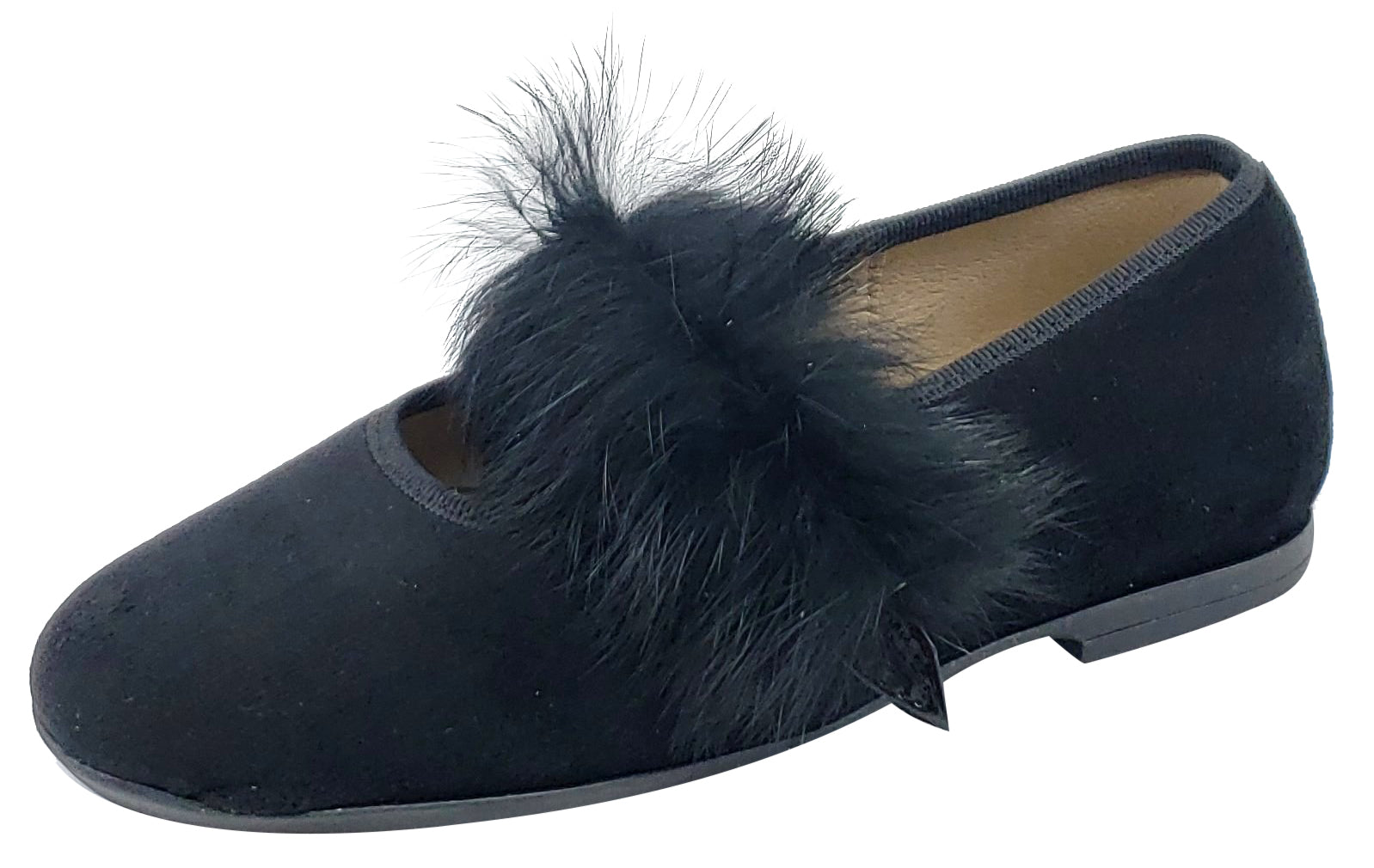 Maria Catalan Girls' Black Velvet Mary Jane Shoes with Fur Trim - Elegant Dress Shoes for Weddings, Parties & Special Occasions