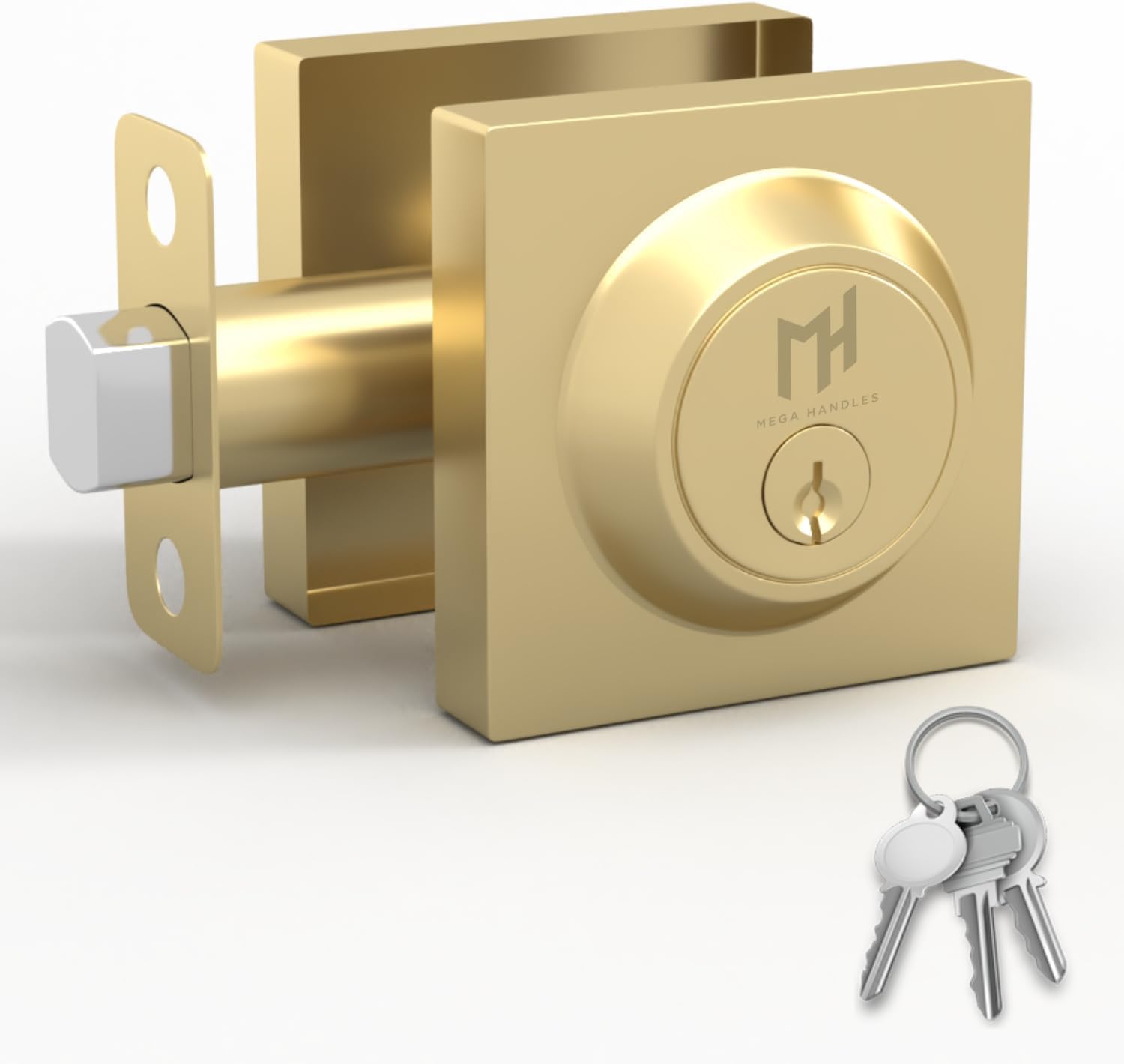 Heavy Duty Square Deadbolt Lock for Left or Right Handed Doors - Interior/Exterior Security - Satin Brass Finish - Ideal for Home, Office & Apartment Entry Doors - Mega Handles Prime Deadbolt I Entry Deadbolt Lock