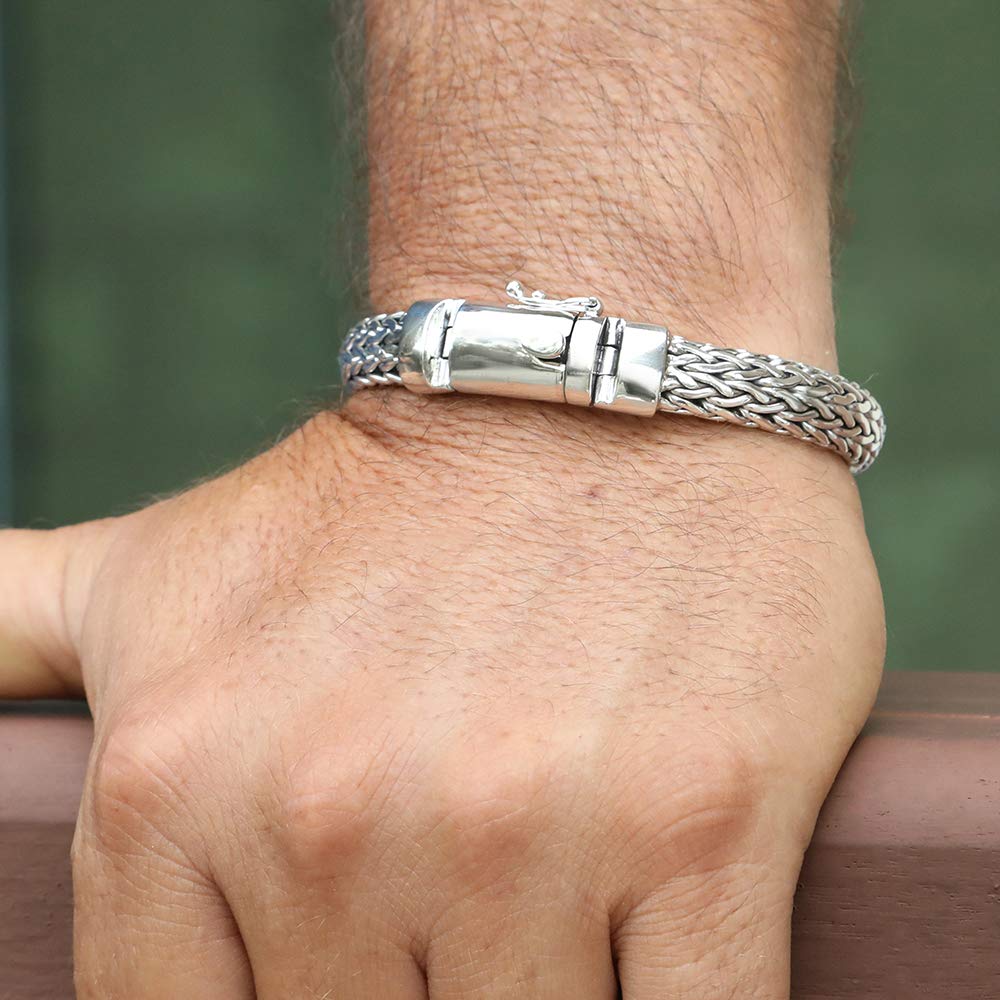 925 Sterling Silver Men's Heavy Bracelet - SILVER LIGHTNING - Adjustable Sizes 7.5