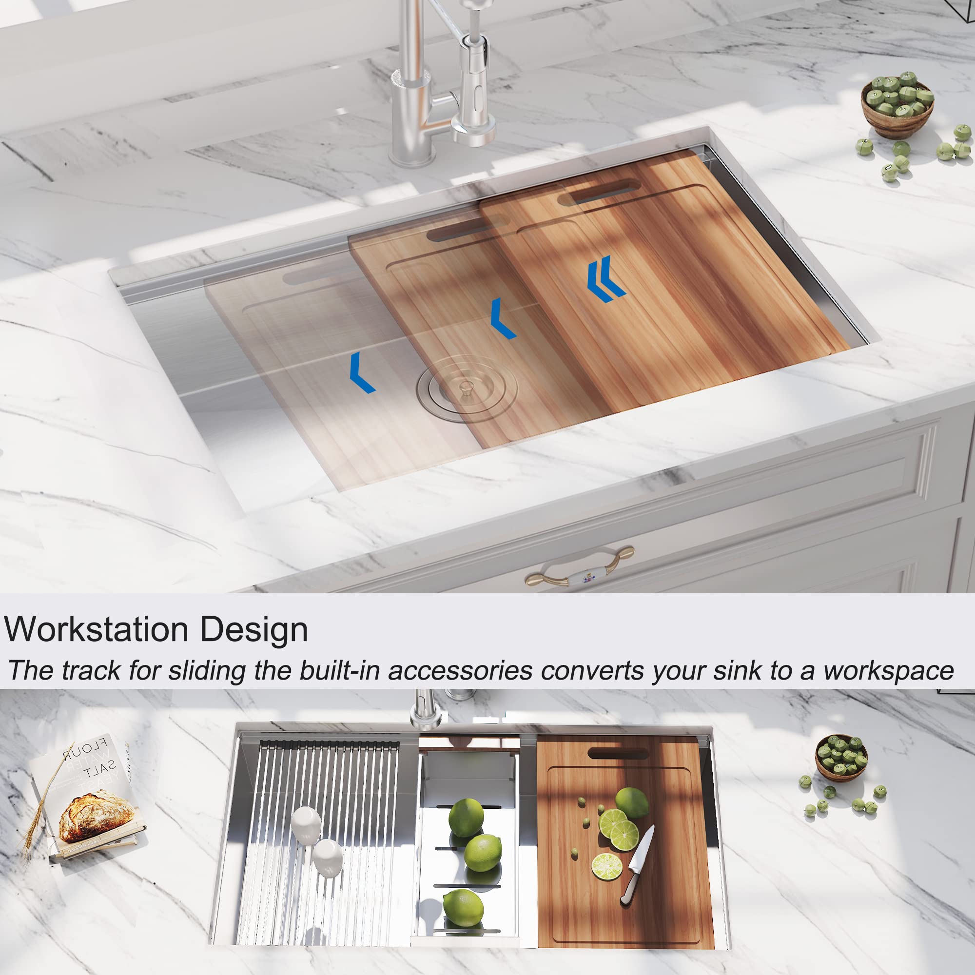 Hausinluck 30-inch Undermount Stainless Steel Kitchen Sink - 18 Gauge Single Bowl Workstation Sink with Integrated Ledge & Accessories (5-Pack) - Perfect for Modern Kitchens, Restaurants, and Commercial Food Prep Areas