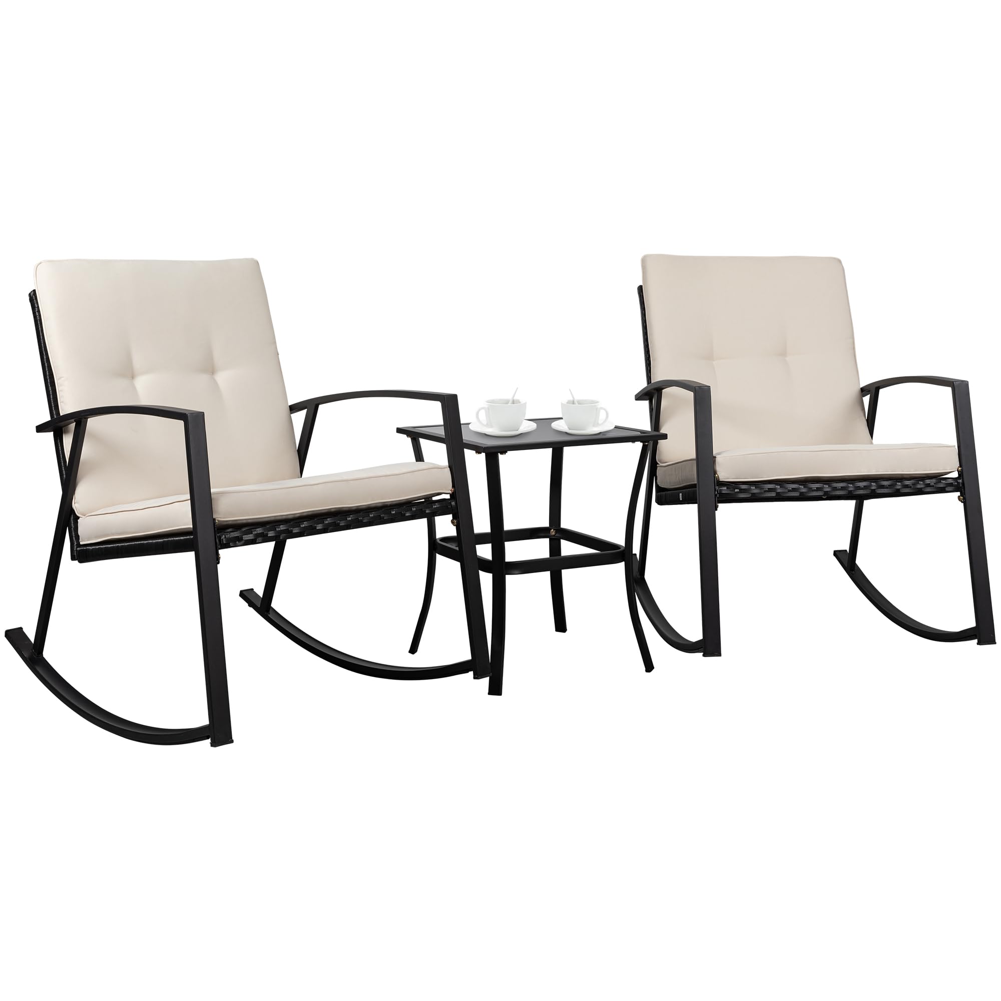 Shintenchi 3-Piece Wicker Rocking Bistro Set - 2 Rattan Porch Chairs with Glass Coffee Table, Beige Outdoor Patio Furniture for Garden, Deck, Poolside & Backyard Relaxation