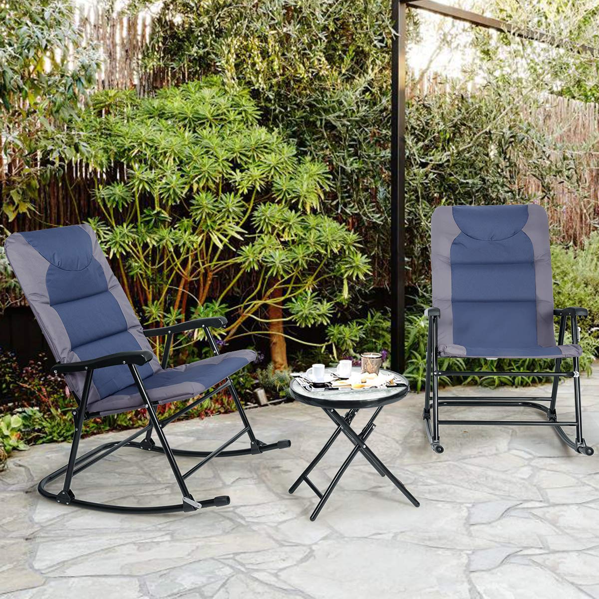 Tangkula 3-Piece Folding Bistro Set - Outdoor Rocking Chairs with Round Glass Top Table, Patio Furniture for Backyard, Garden, Poolside & Porch (Blue) | Perfect for Relaxing, Entertaining & Small Space Living
