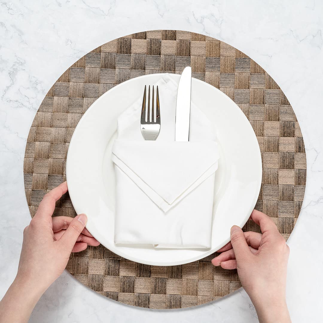 Restaurantware Macroweave 15 Inch Round Woven Placemats Set of 6 - Durable & Easy Clean Brown Plastic Table Mats for Dining - Perfect for Home Kitchen, Restaurant, Party, and Outdoor Use