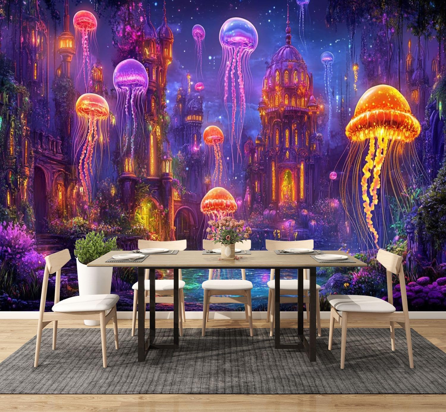 Modern Peel and Stick Wallpaper Mural - Jellyfish Fantasy Glow Lights Self-Adhesive Removable Wall Stickers for Kids Room, Living Room & Bedroom (100''x144'') - Perfect for Birthday & Christmas Gifts, TV Background & Home Decor