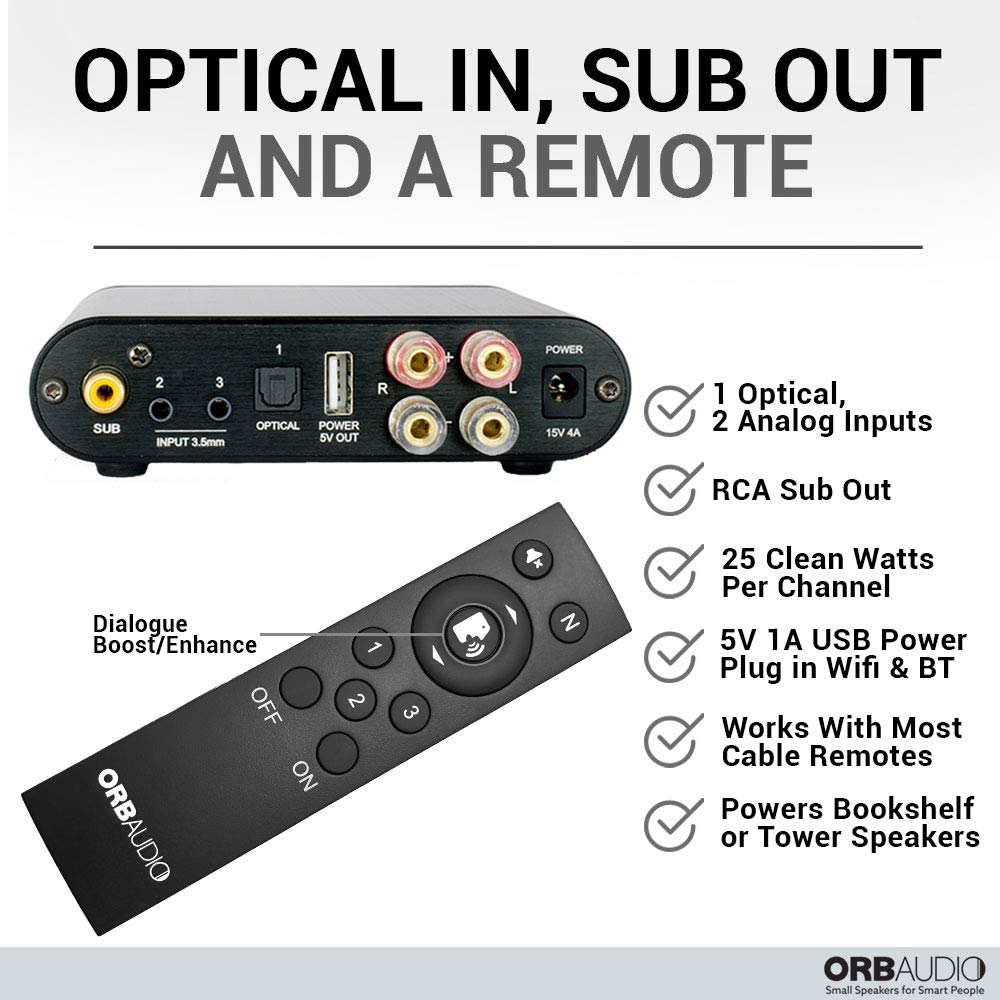 Updated Booster Mini Amplifier for TV and Stereo Speakers - Optical Input, Subwoofer Output, Remote Control, Voice Assist, Dual Analog Inputs, 5V USB Power, 50W Output - Perfect for Home Theater and Audio Systems