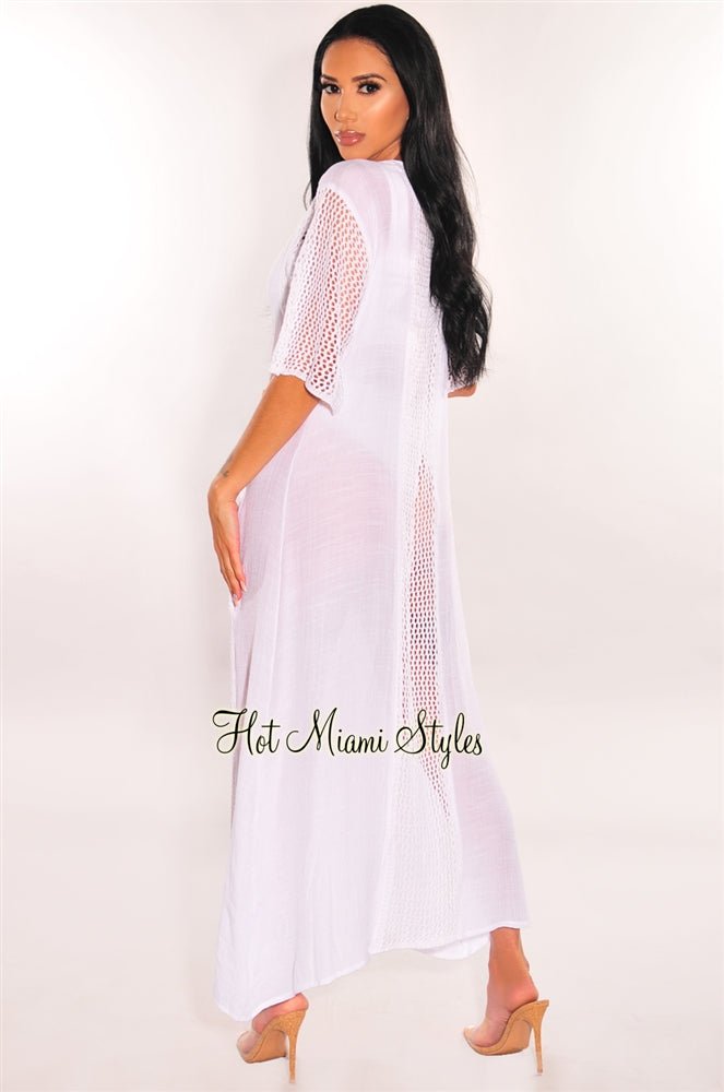 White Crochet Short Sleeve Tie Up Maxi Cover Up - Elegant Beach Dress for Women, Perfect for Summer Vacation, Pool Party and Boho Fashion Outfits