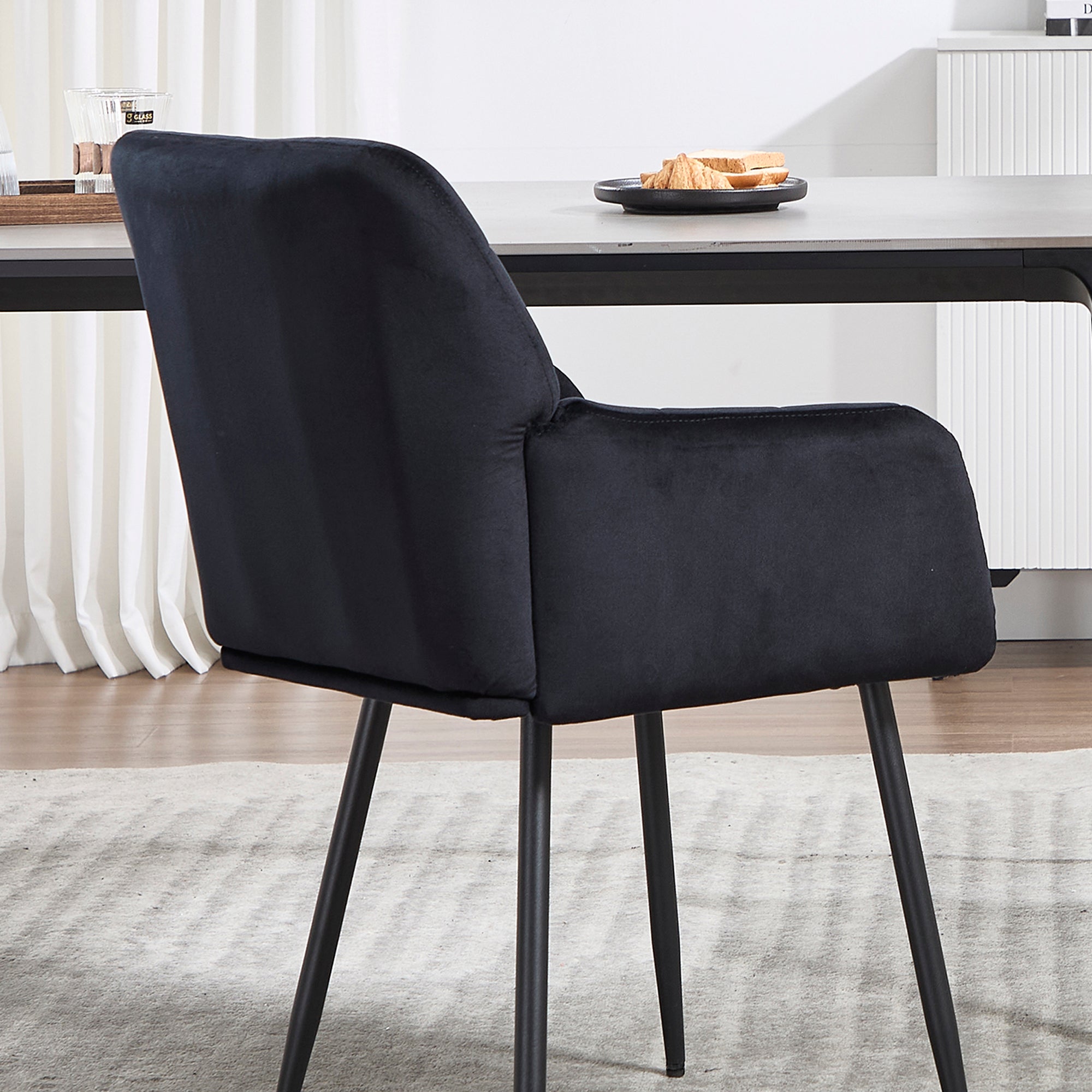 Velvet Upholstered Dining Chair with Armrests - Comfortable Seat, Easy to Assemble & Clean - Perfect for Kitchen, Dining Room & Living Room (Black, Set of 1)