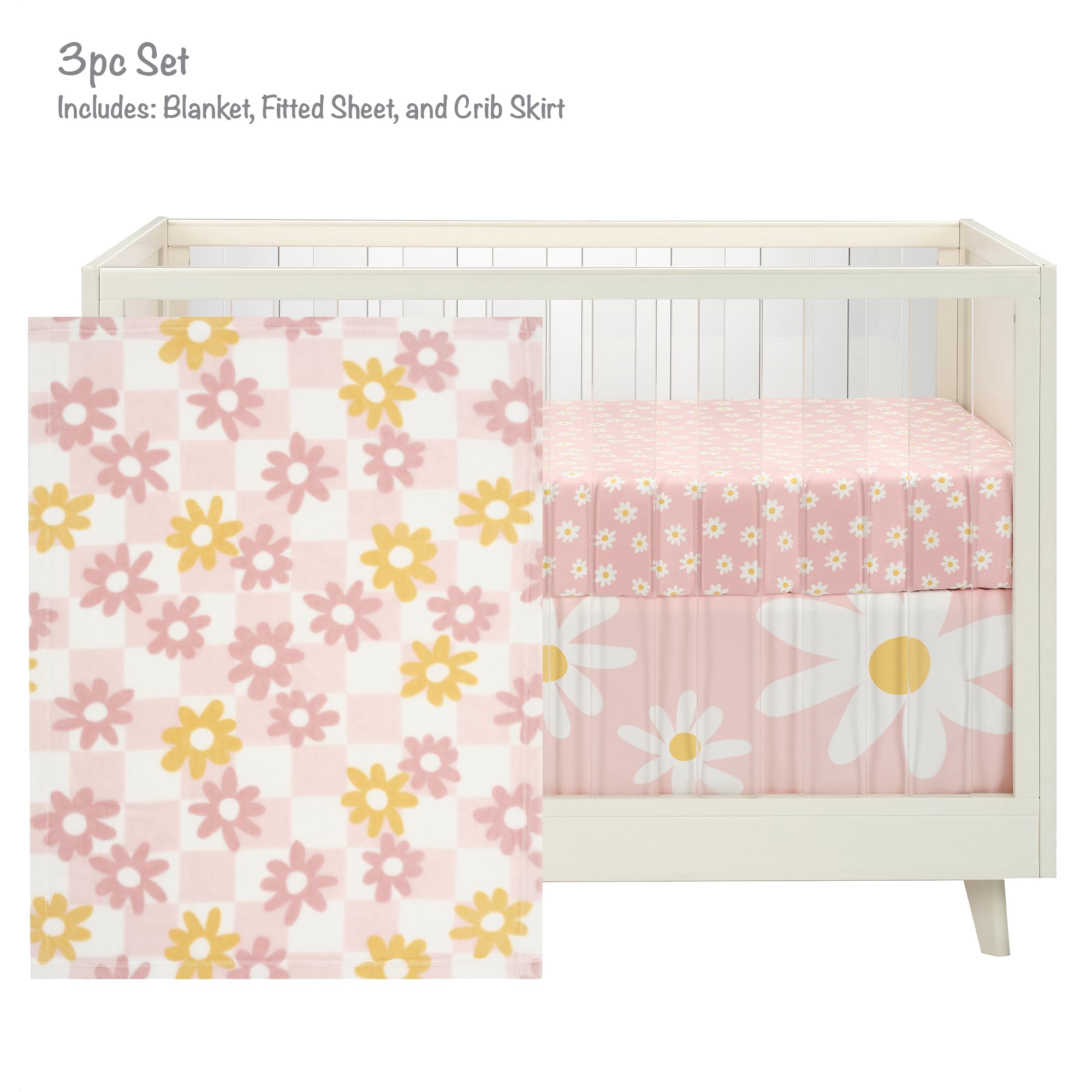 Lambs & Ivy Daisy Dreams 3-Piece Crib Bedding Set - Pink & White Modern Floral Nursery Decor | Perfect for Baby Girls' Room & Garden-Themed Nursery