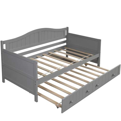 Twin Wooden Daybed with Trundle - Convertible Sofa Bed for Bedroom & Living Room | Space-Saving Twin Size Bed Frame with Storage | Gray Modern Furniture for Adults & Guest Rooms | Perfect for Small Spaces, Home Offices & Dorm Rooms