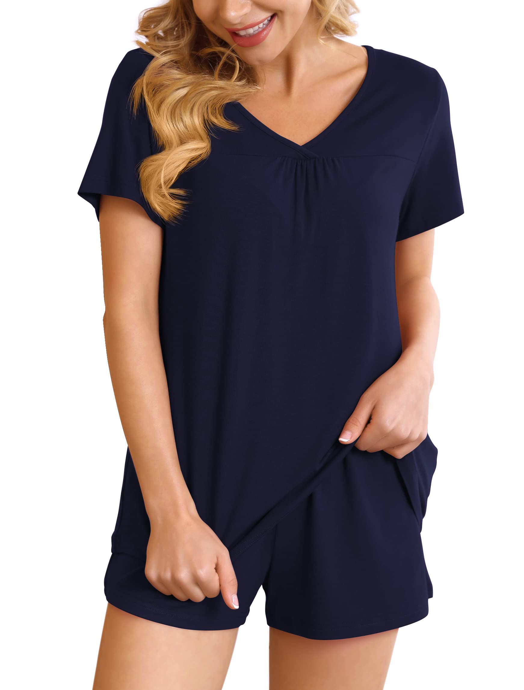 POKWAI Women's Soft Short Pajama Set - 2 Piece Sleepwear with Pockets | Comfortable Lounge Wear for Summer Nights & Relaxing at Home
