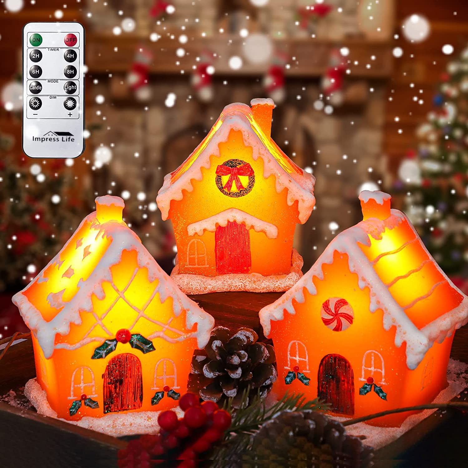 Impress Life Christmas LED Candles Set of 3 - Flameless Flickering Carved House Candles with Remote Control, Battery Operated Real Wax Candles for Holiday Decor, Home Party, Bedroom, Wedding & Table Centerpiece Decorations