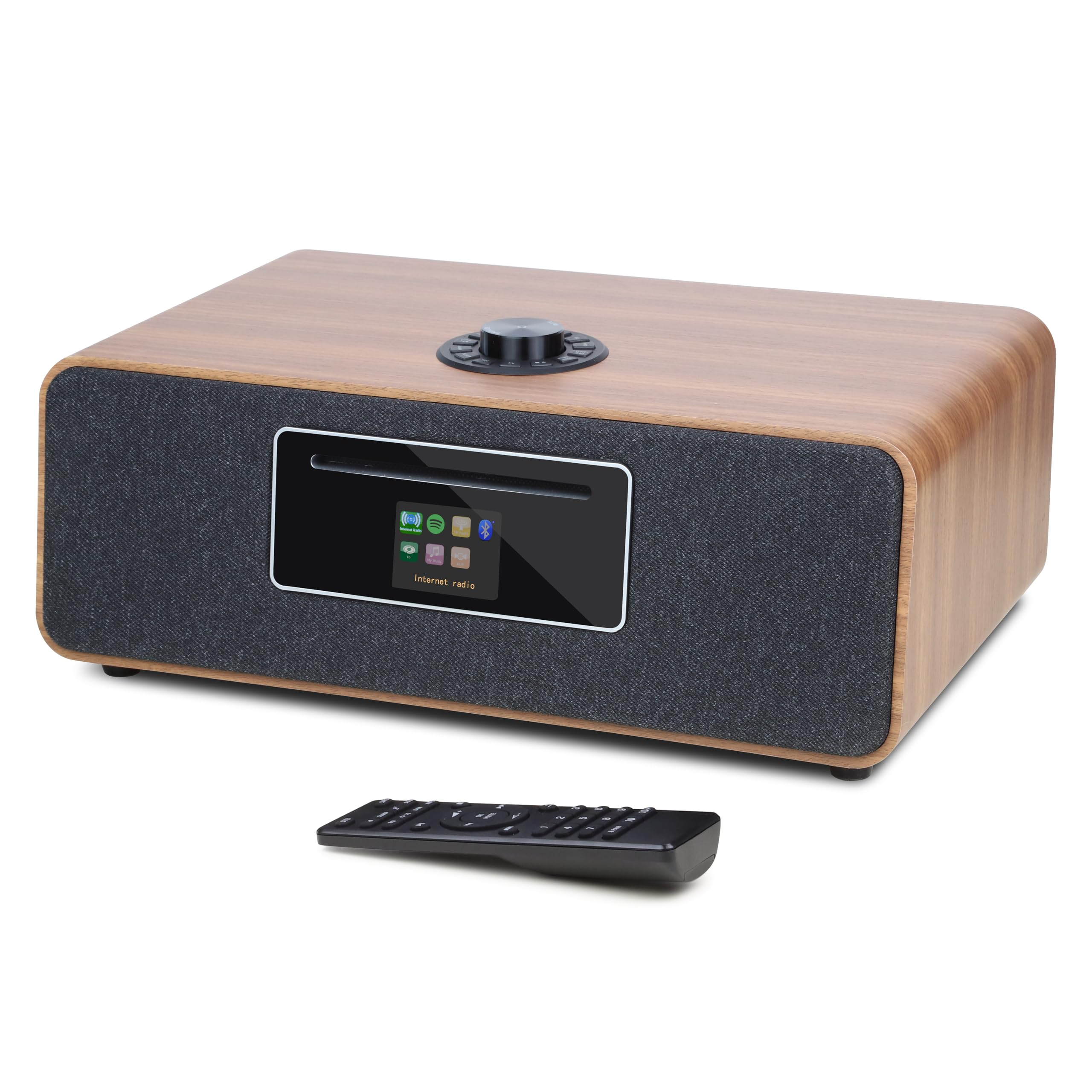 MS5P WiFi Internet Radio with CD Player - Bluetooth Speaker, FM Digital Radio, Spotify Connect, USB Player & Charging, Dual Alarm Clock, OKTIV APP Control - Home Stereo System for Living Room, Bedroom, Office (Walnut Finish)