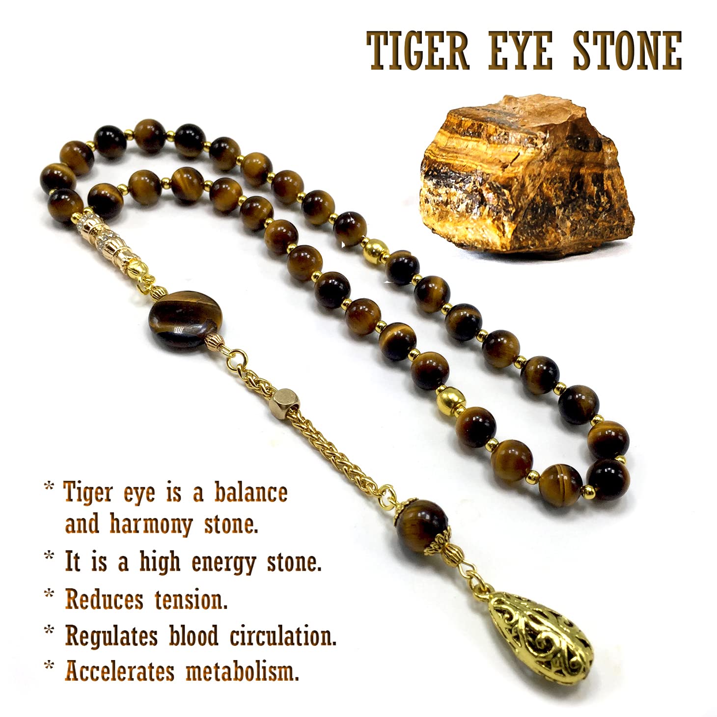 Tiger Eye Stone Worry Beads - 8mm Prayer Beads with Gold Tassel - 33 Beads Tasbih, Misbaha, Rosary for Stress Relief, Meditation & Spiritual Practice - Perfect for Anxiety Relief, Mindfulness & Gift Giving