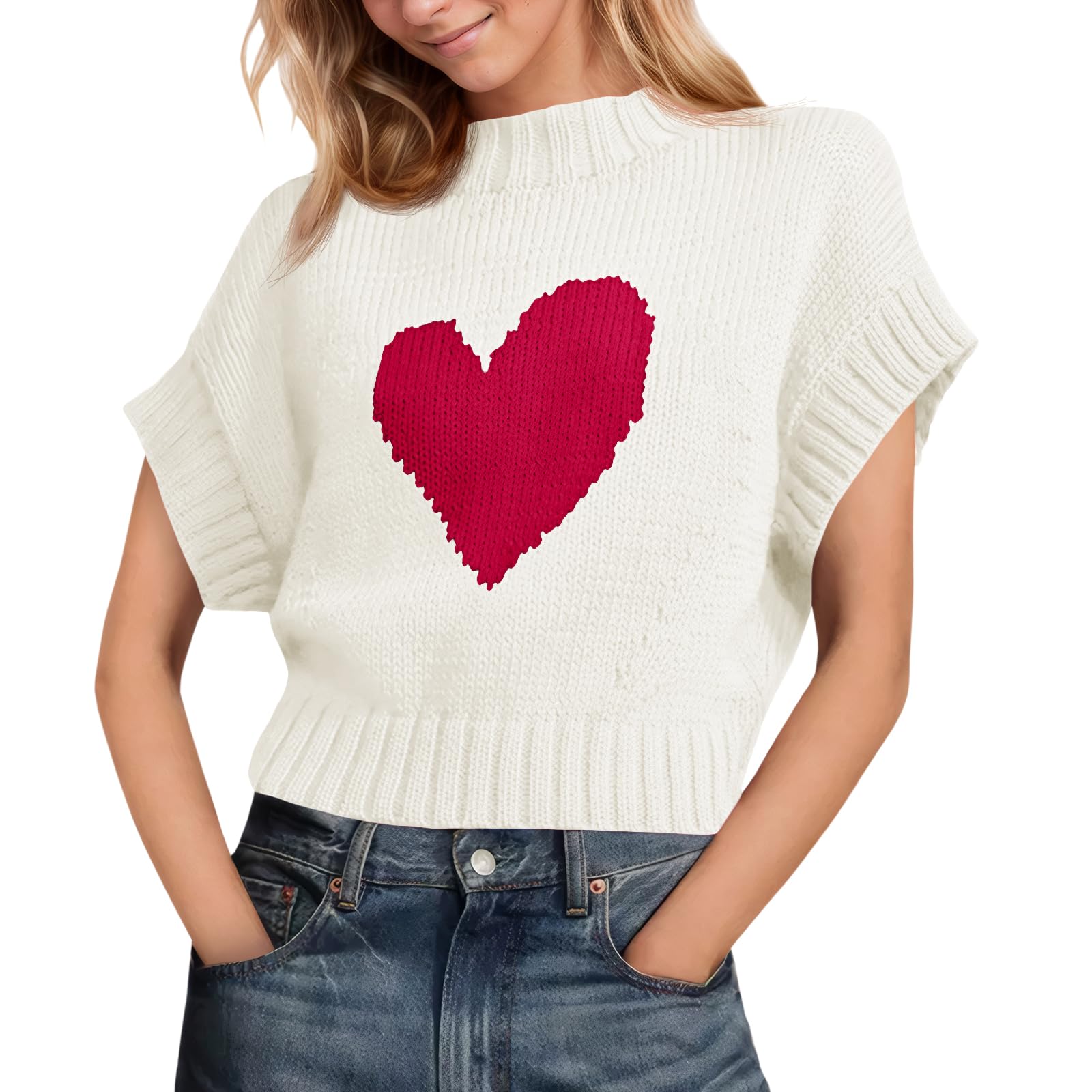 Saodimallsu Women's Heart Print Cropped Sweater - Mock Neck Cap Sleeve Knit Top for Valentine's Day, Date Night & Casual Wear