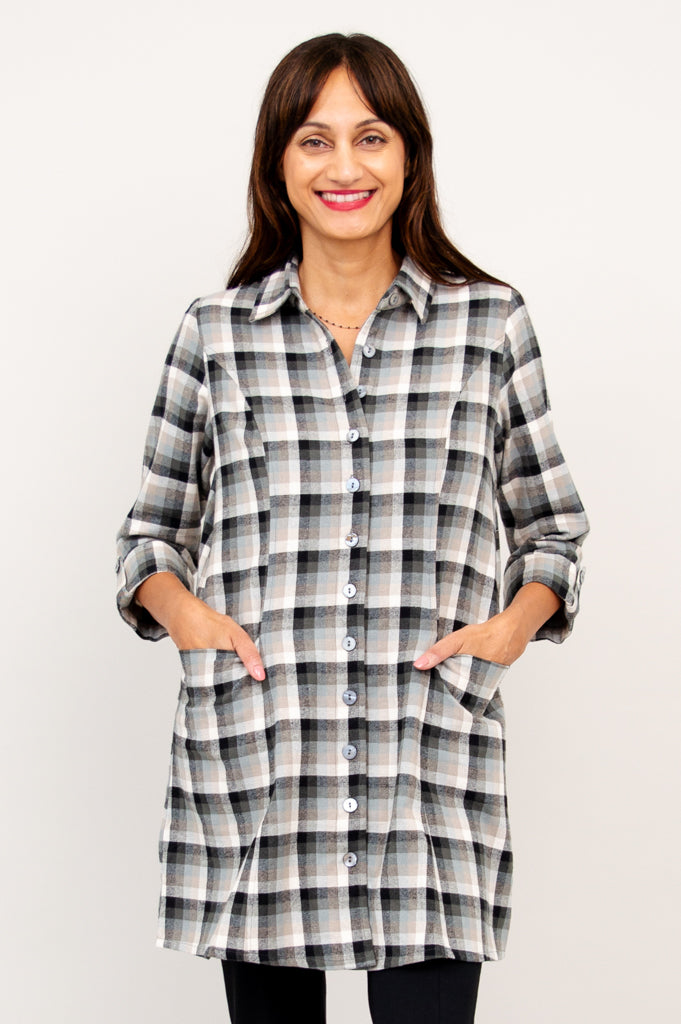Larissa Tunic Top - Black Retro Plaid Cotton Flannel Shirt for Women | Vintage Style Fall Winter Fashion | Perfect for Casual Outfits, Office Wear & Holiday Parties