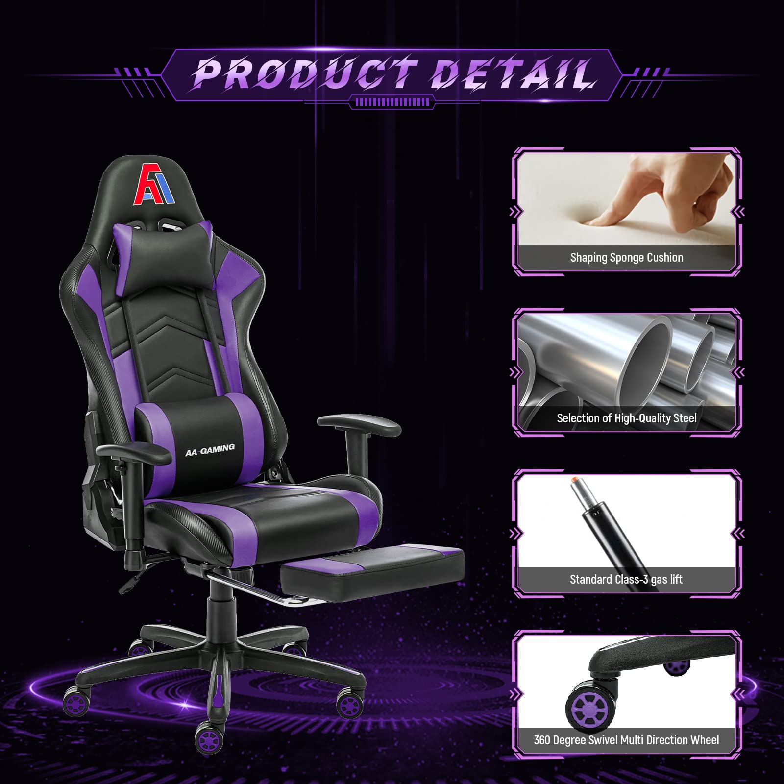AA Products Ergonomic Gaming Chair - High Back Racing Style Computer Chair with Adjustable Lumbar Support, Footrest & 360° Swivel (Black-Purple) - Perfect for Esports, Streaming & Home Office Workstations