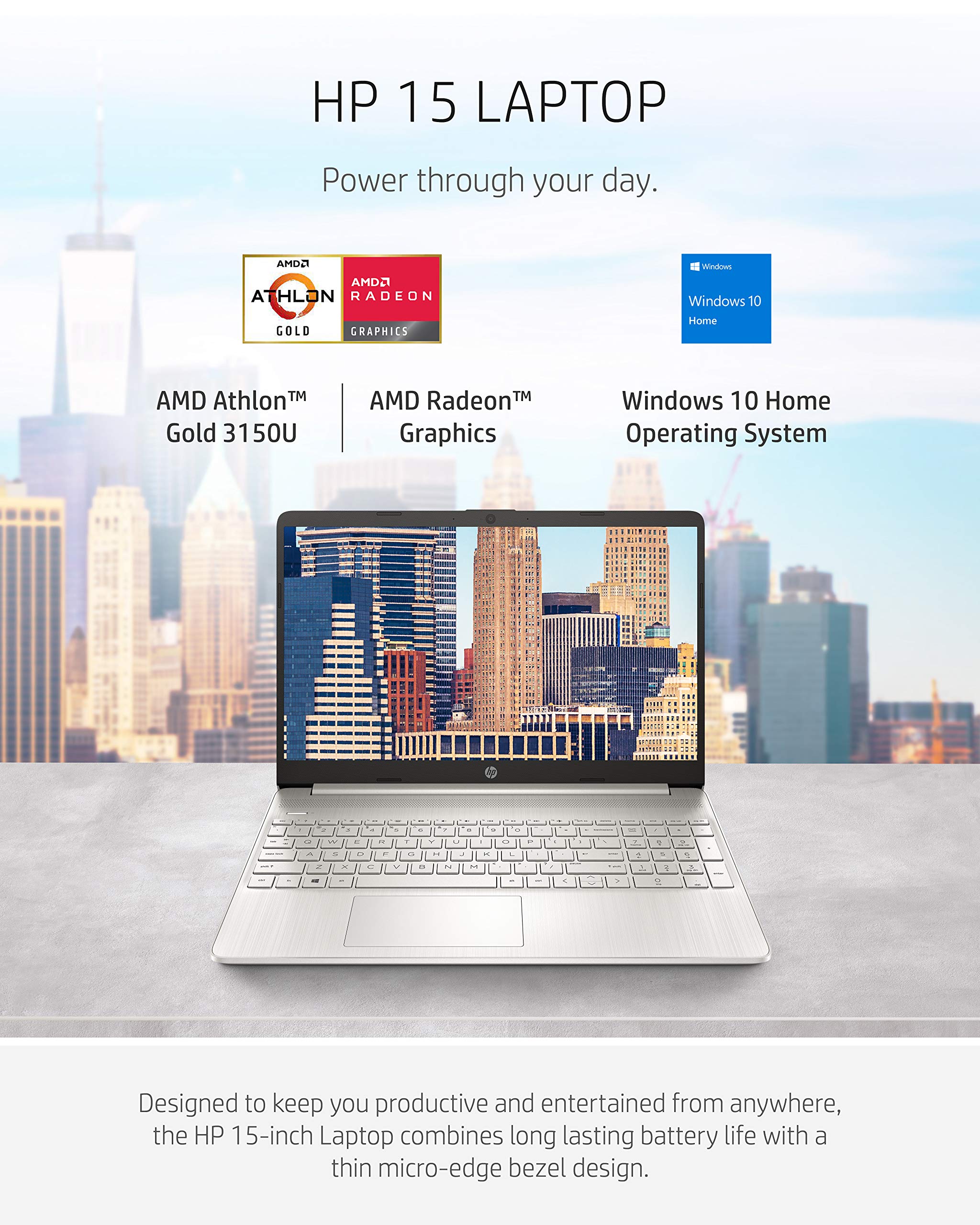 HP 15 Laptop - AMD Ryzen Athlon Gold 3150U, 4GB RAM, 128GB SSD, 15.6
