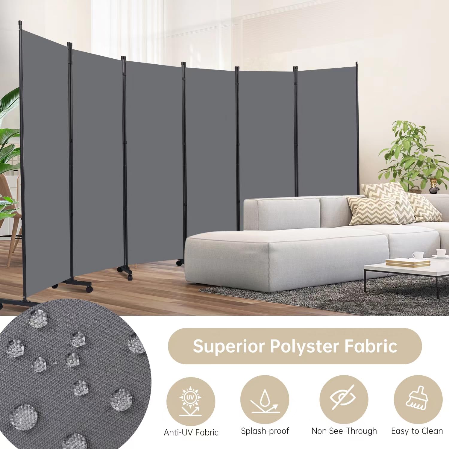 6 Panel Room Divider with Wheels - Portable Fabric Partition Screen for Office, Bedroom & Living Room - Privacy Room Separator for Home & Workspace Decor