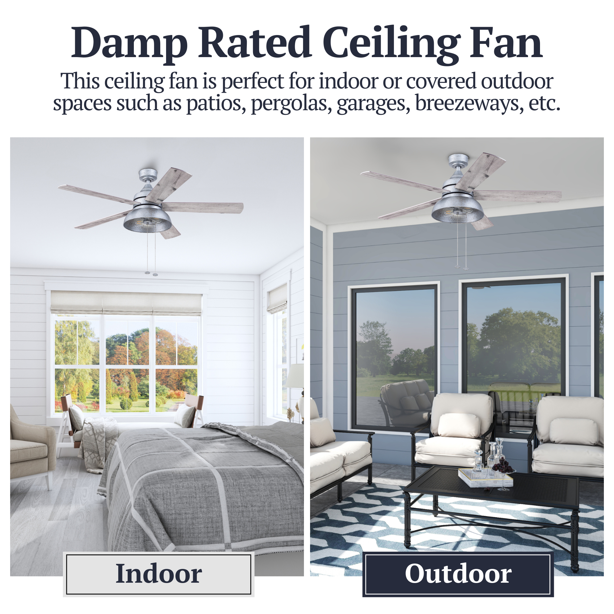 52 Inch Brightondale Galvanized Pull Chain Ceiling Fan - Indoor/Outdoor Use for Living Room, Bedroom, Patio & Covered Porch