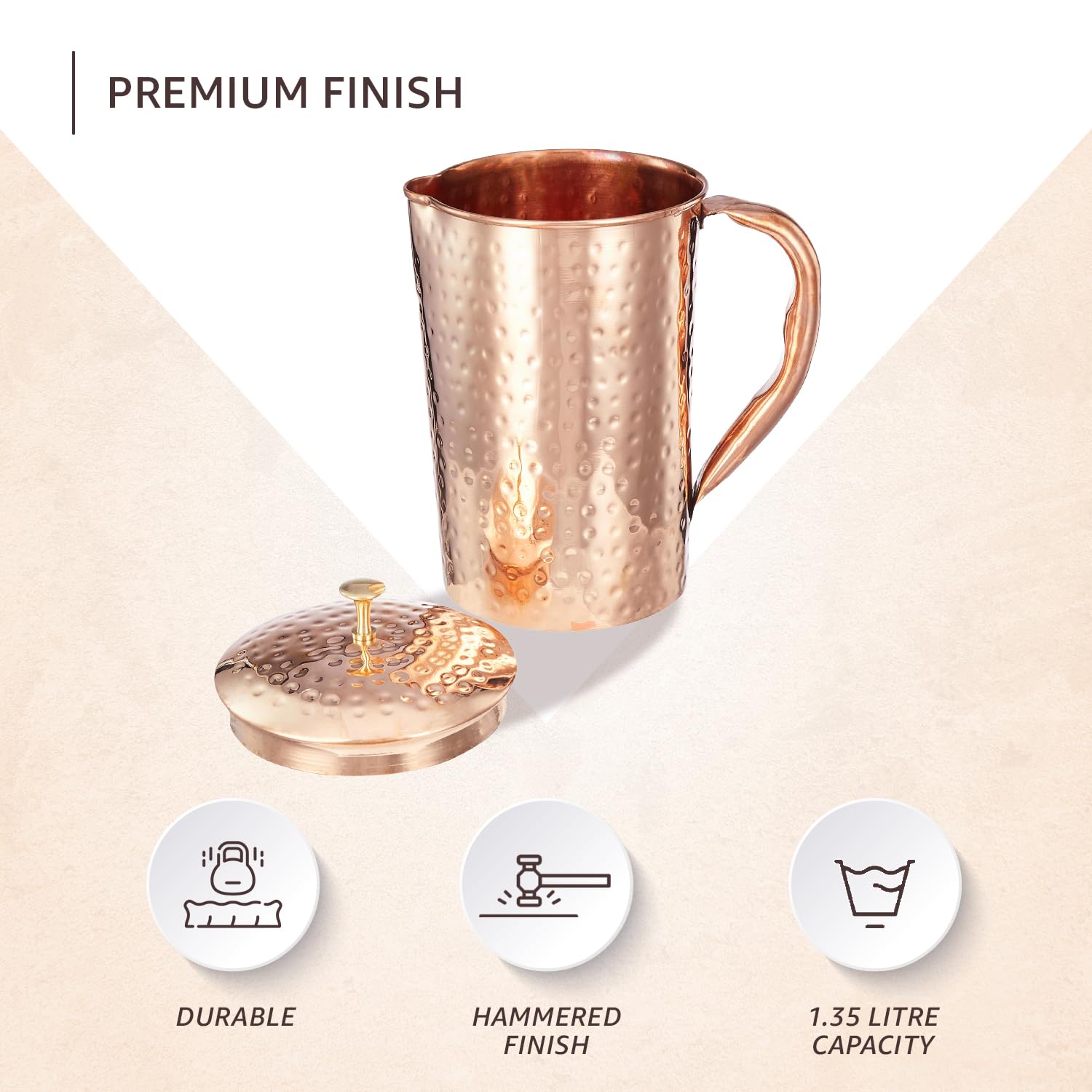 Solimo Hammered Copper Jug with Copper Glass - 1350ml (45.6 oz) - Elegant Water Pitcher for Home, Bar & Party - Perfect for Iced Tea, Lemonade & Cocktails