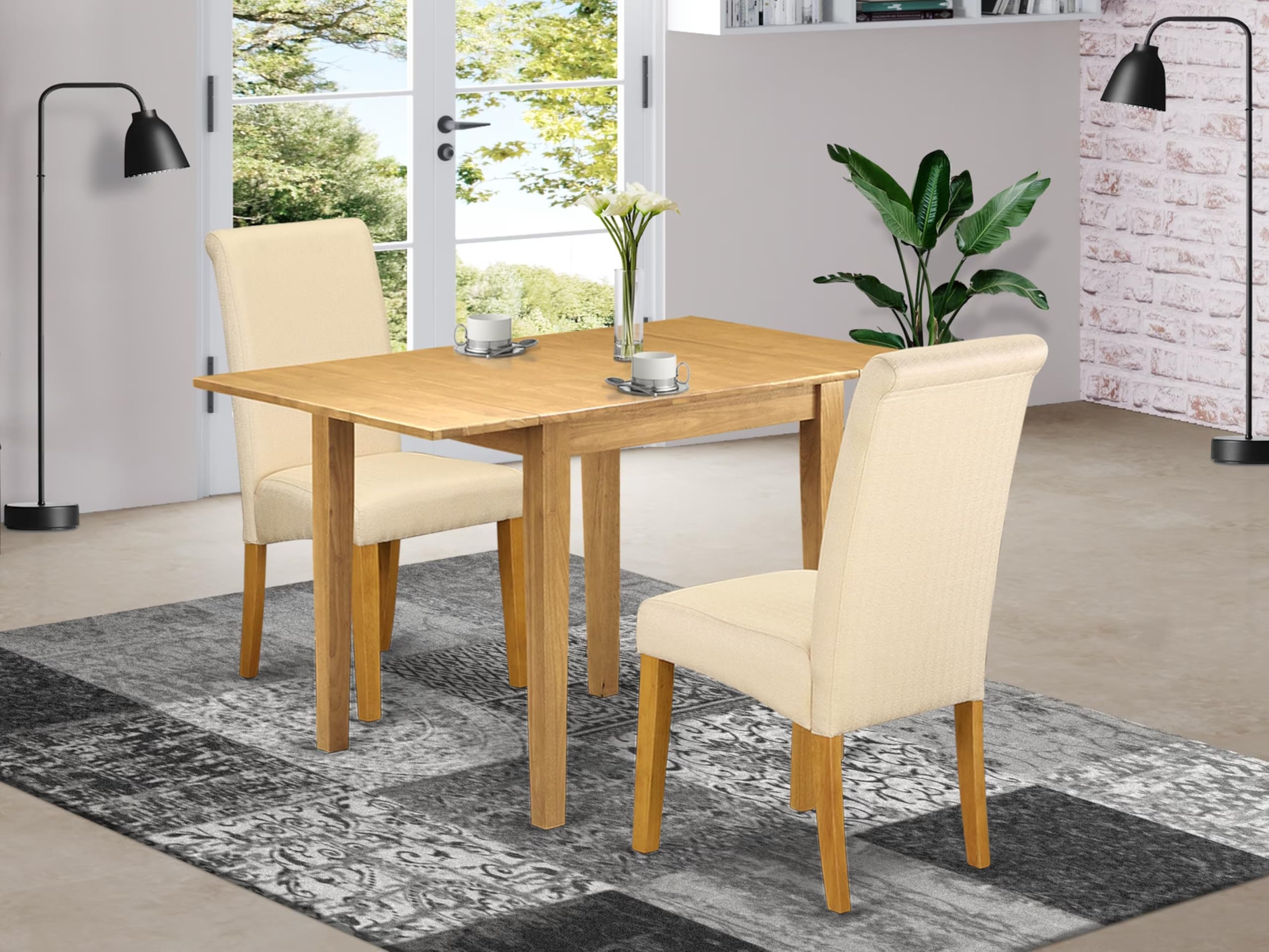 East West Furniture NDBA3-OAK-02 3-Piece Modern Oak Dining Table Set with Drop Leaf & 2 Light Beige Linen Upholstered Chairs, 30x48 Inch - Perfect for Small Spaces, Breakfast Nooks & Cozy Apartments