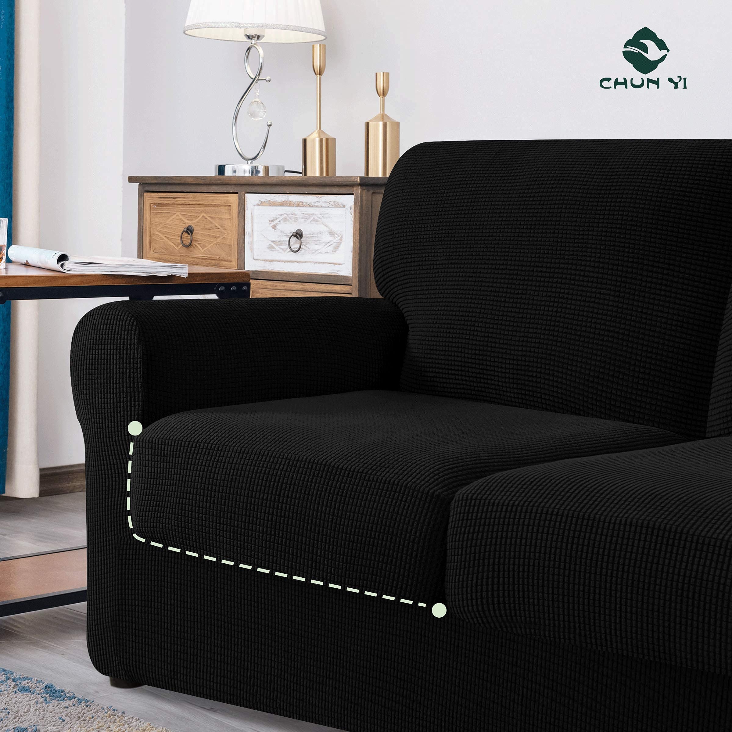 CHUN YI Loveseat Sofa Cover Set - Large Couch Slipcover with Removable Backrest & Cushion Covers, Stretchable Jacquard Fabric in Classic Checkered Pattern (Black) | Perfect for Living Room, Family Room, or Office Furniture Protection