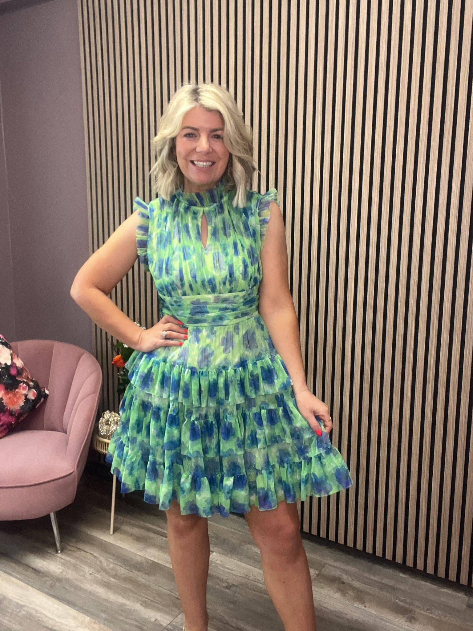 Ameriga Tulle Mini Dress - Floral Print Green & Blue, Elegant Party Wear for Women, Perfect for Weddings, Prom, and Special Occasions