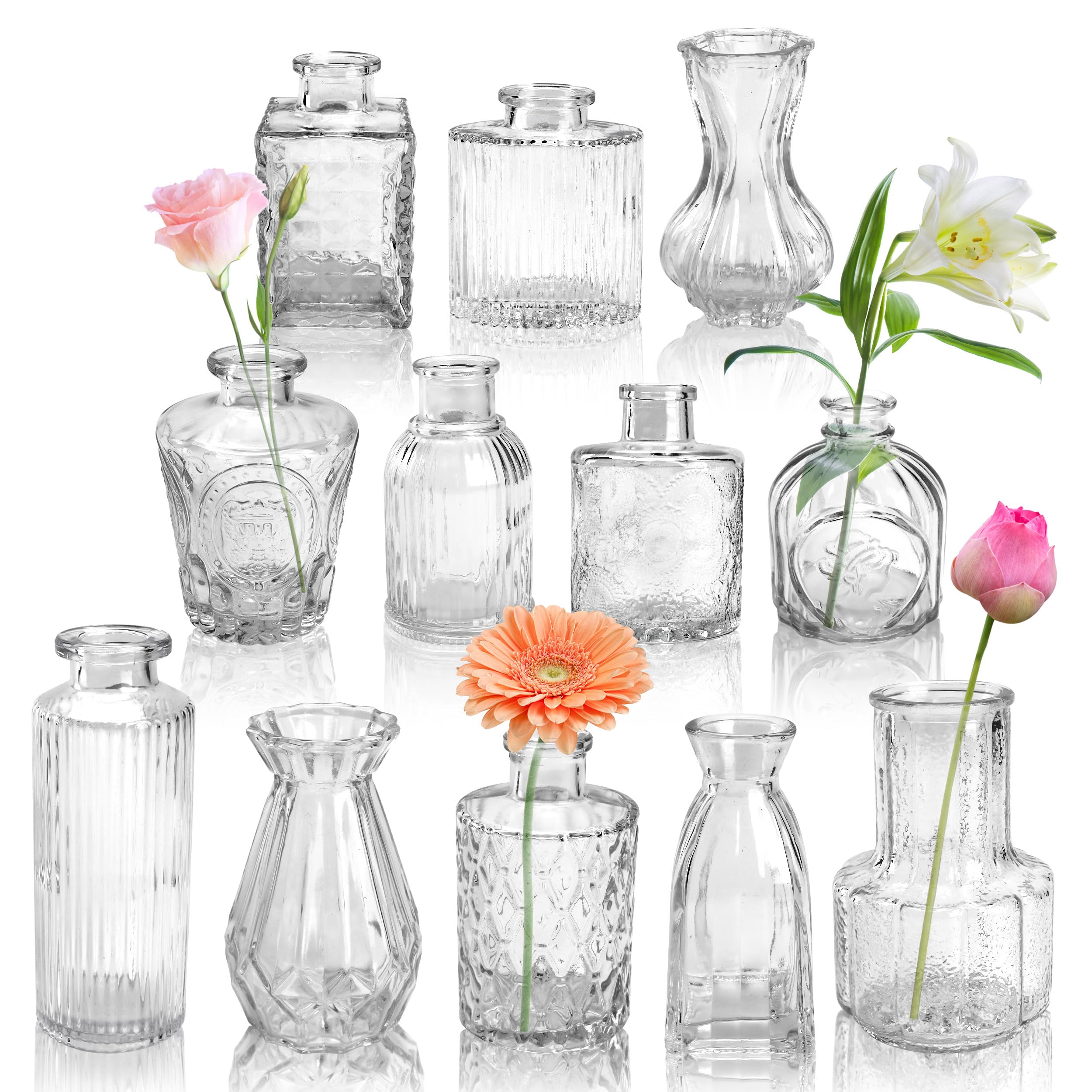 12 Pack Rose Glass Bud Vases - Small Floral Vases for Wedding Centerpieces, Rustic Home Decor & Table Arrangements - Perfect for Wedding Receptions, Bridal Showers & Farmhouse Style Decorating