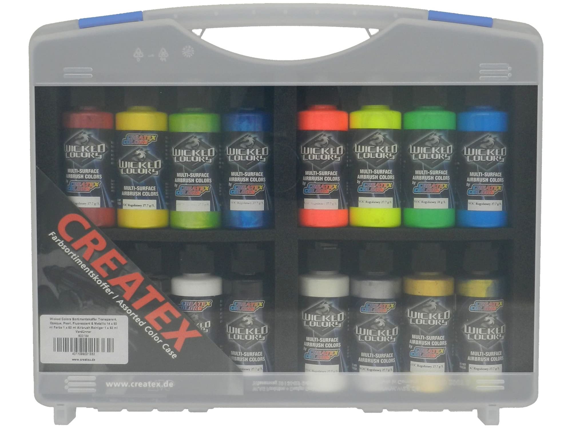 Wicked Colors Airbrush Paint Set - 14x60ml (Transparent, Opaque, Pearl, Fluorescent, Metallic) with Cleaner & Reducer - Perfect for Automotive, Model Kits & DIY Art Projects