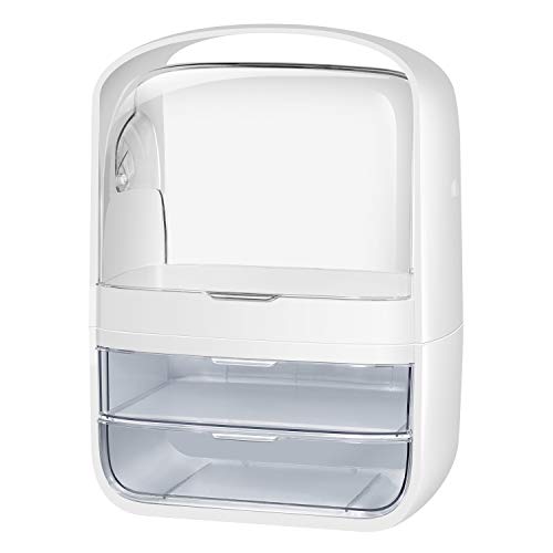 **Large 2-Drawer Makeup Organizer - Dustproof & Waterproof Cosmetic Storage Box for Jewelry & Accessories - White & Clear Display Case with Handle - Perfect for Vanity, Travel & Bathroom Organization**