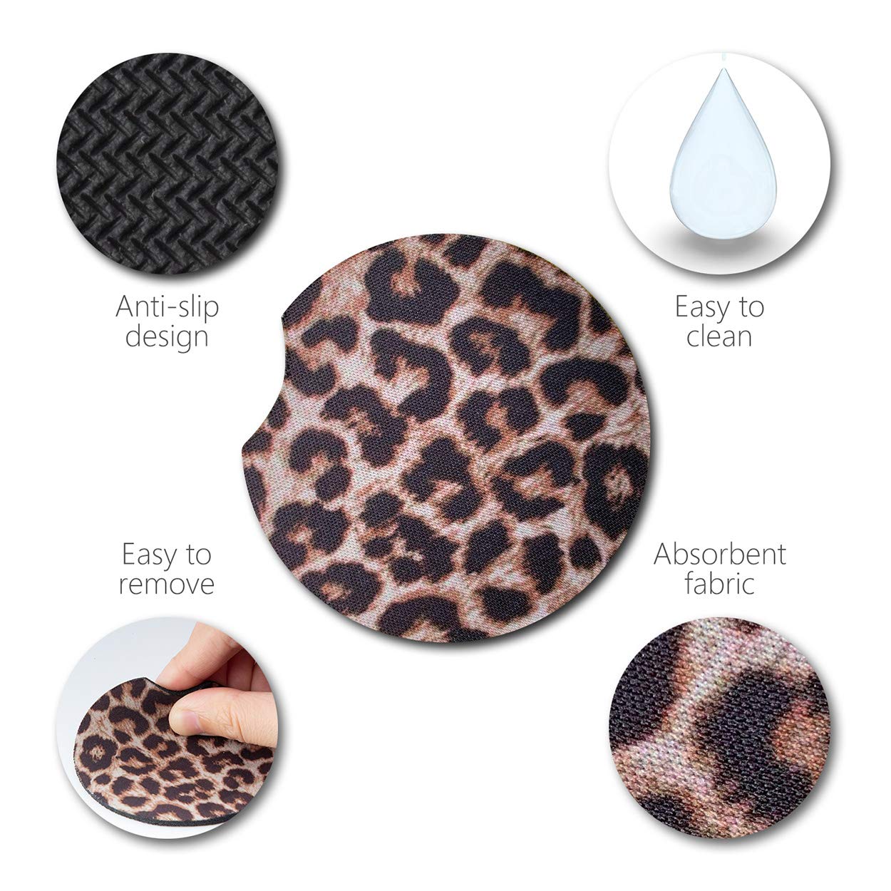 2.75 Inches Absorbent Car Cup Coasters for Women - Leopard Print, Set of 2 | Non-Slip Drink Holders for Cars, Perfect Auto Accessories for Women & Girls - Great for Road Trips, Commuting & Daily Driving