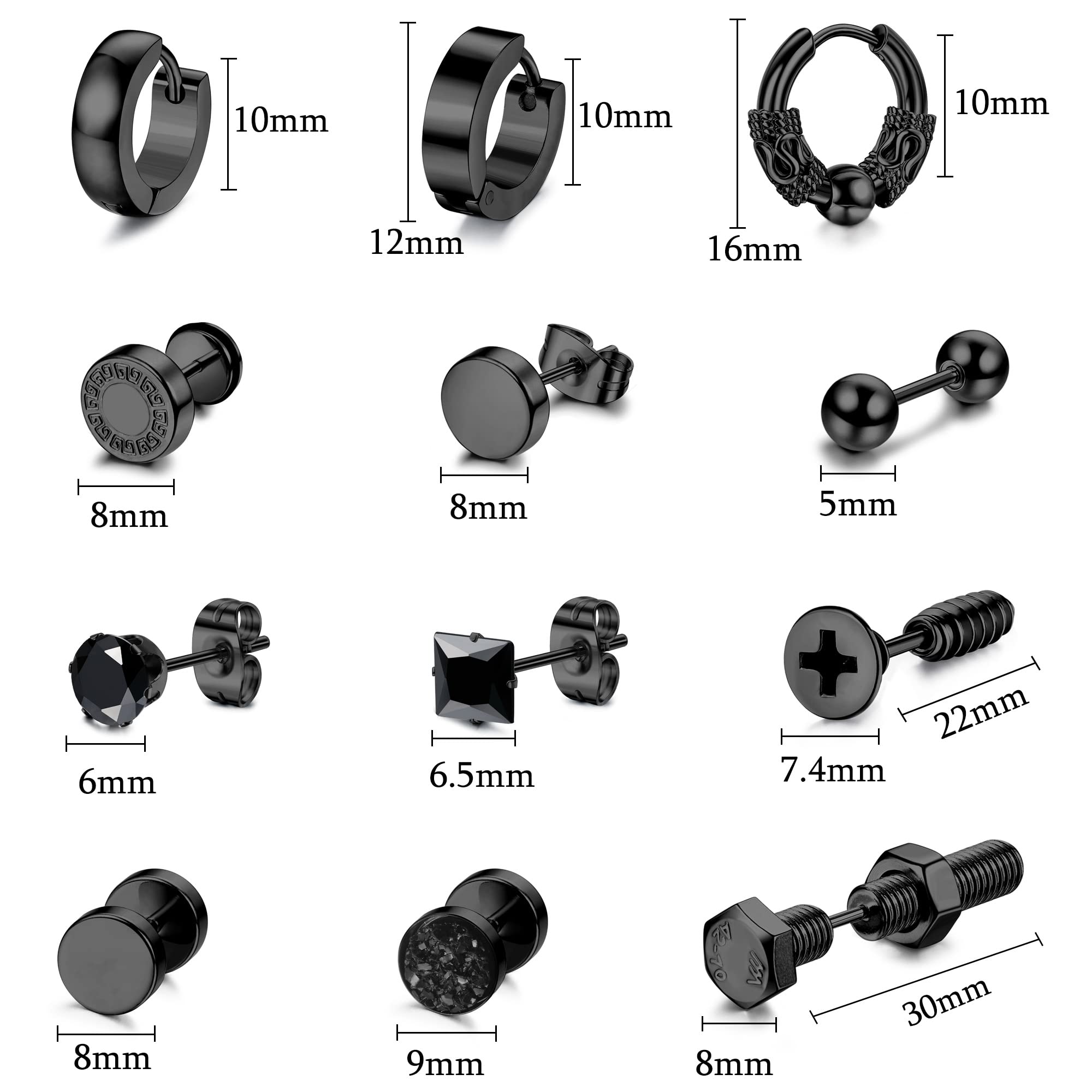 **JeryWe 12 Pairs Stainless Steel Earrings for Men & Women – Black & Silver Stud, Hoop, Dangle, Barbell & Cartilage Earrings Set – Fashion Jewelry for Everyday Wear, Parties & Gifting**