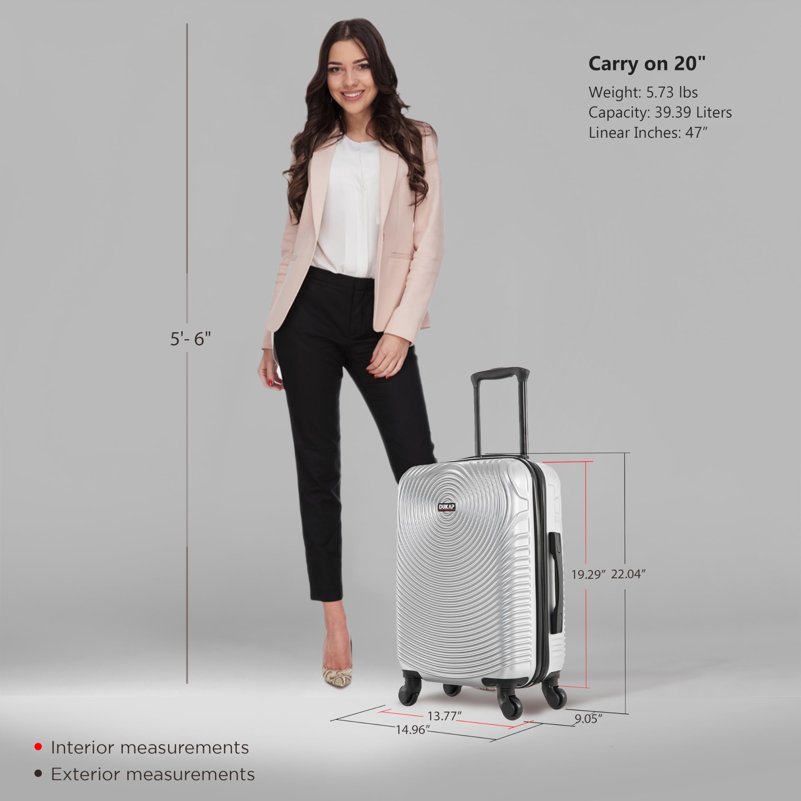 DUKAP INCEPTION 20-Inch Carry-On Luggage with Spinner Wheels | Durable Lightweight Hardshell Suitcase for Travel | TSA-Approved Silver Cabin Bag with Telescopic Handle | Perfect for Business Trips & Weekend Getaways