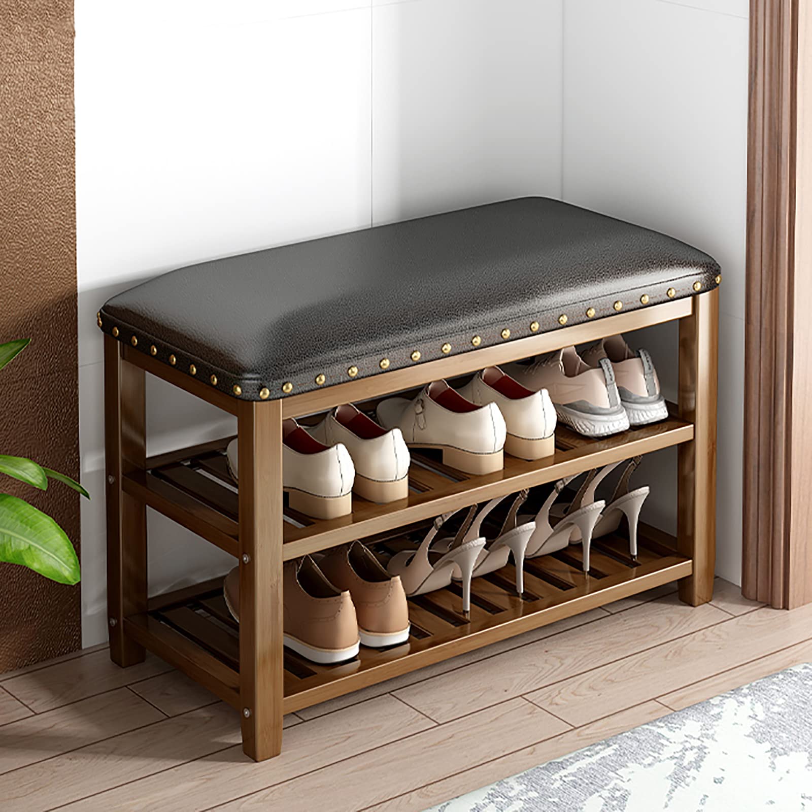 LJCM 2-Tier Bamboo Shoe Rack Bench with Leather Seat - Rustic Entryway Shoe Storage Organizer, Upholstered Bench (60x29x49cm/24x11x19in, Brown) - Perfect for Hallway, Mudroom & Small Space Organization