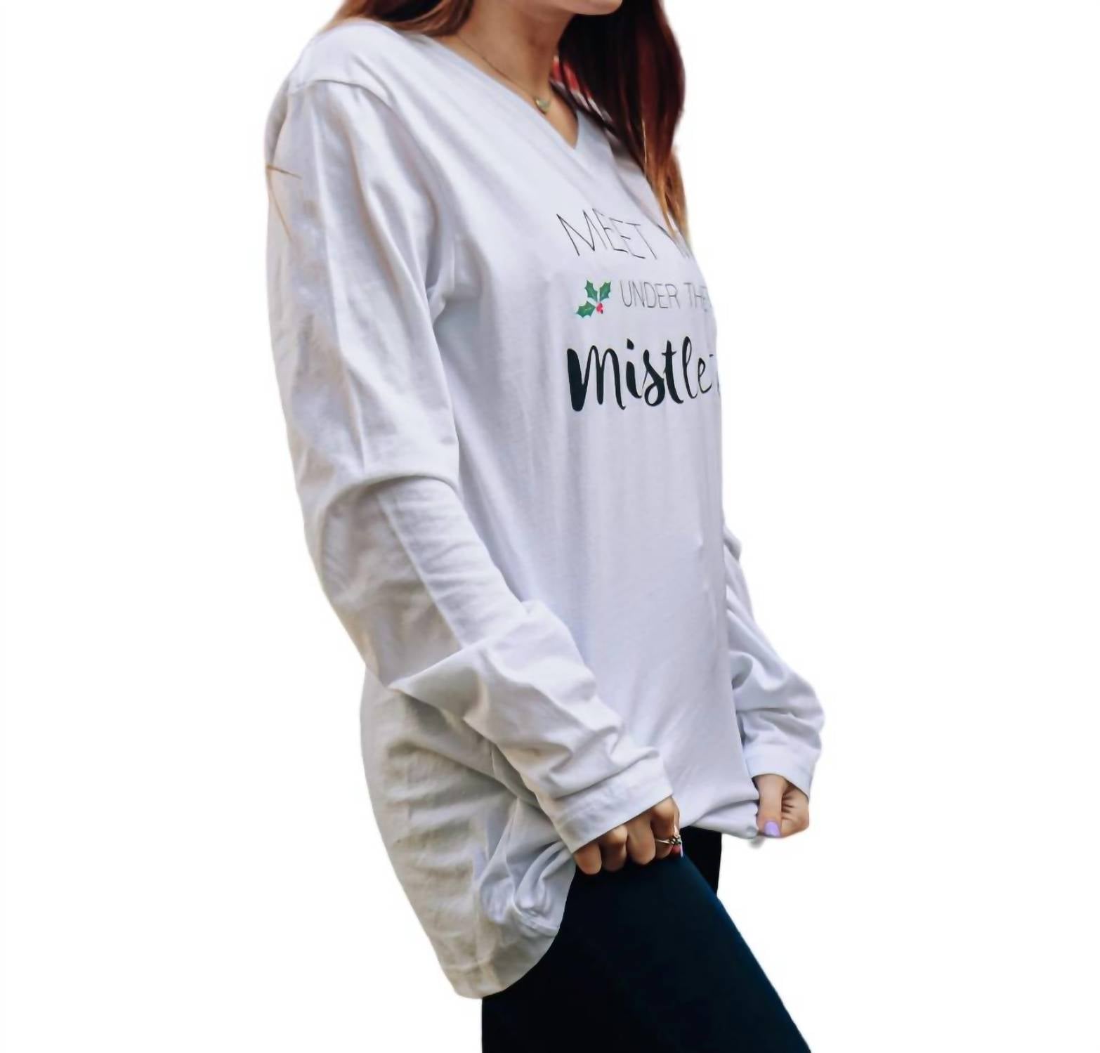 Meet Me Under The Mistletoe Long Sleeve T-Shirt - White Christmas Holiday Party Outfit for Couples & Festive Gatherings