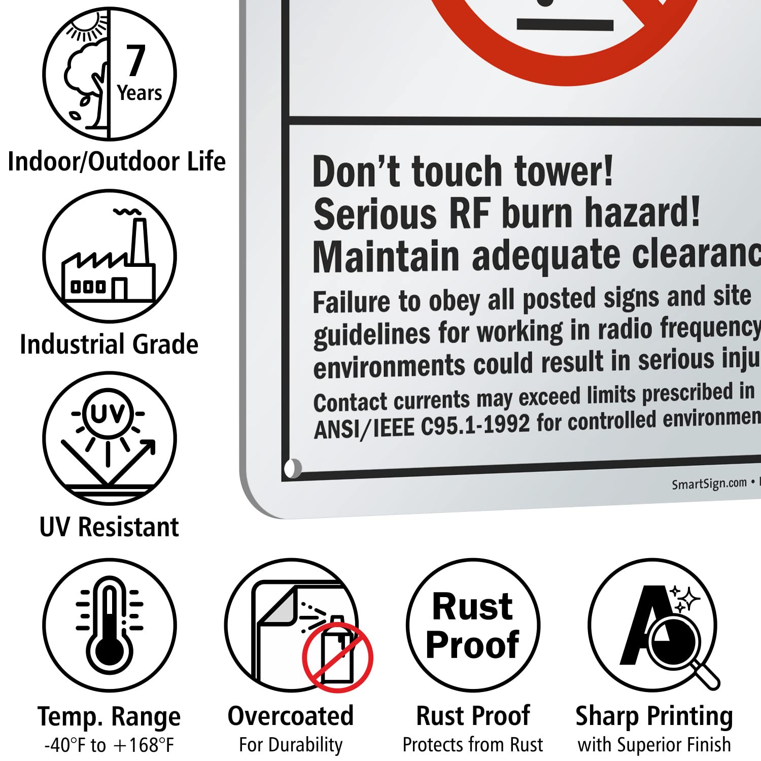 Danger - Don't Touch Tower RF Burn Hazard Sign | 10x7 Inch ANSI Compliant Metal Sign | 40 Mil Laminated Rustproof Aluminum | Red, Black & White | for Electrical Towers, Utility Poles & High Voltage Areas