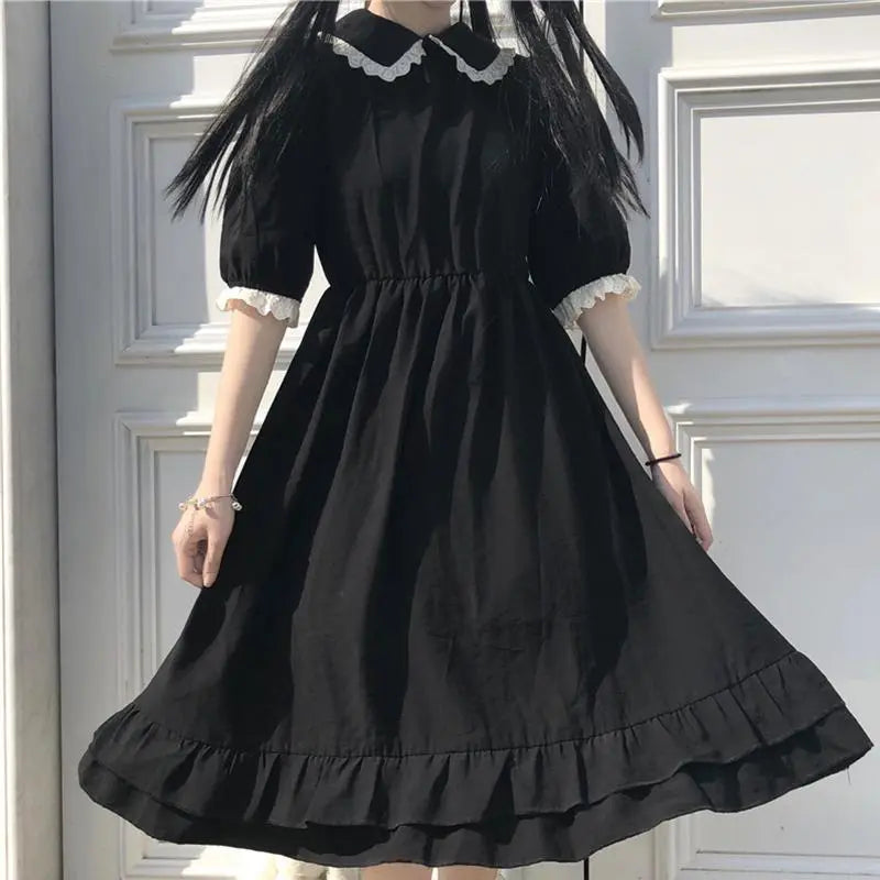 Autumn Black Kawaii Lolita Style Dress - Mori Girl Fairy Cute Lolita Peter Pan Collar Puff Sleeve Dress for Women | Gothic Fashion, Cosplay, Tea Party Outfit