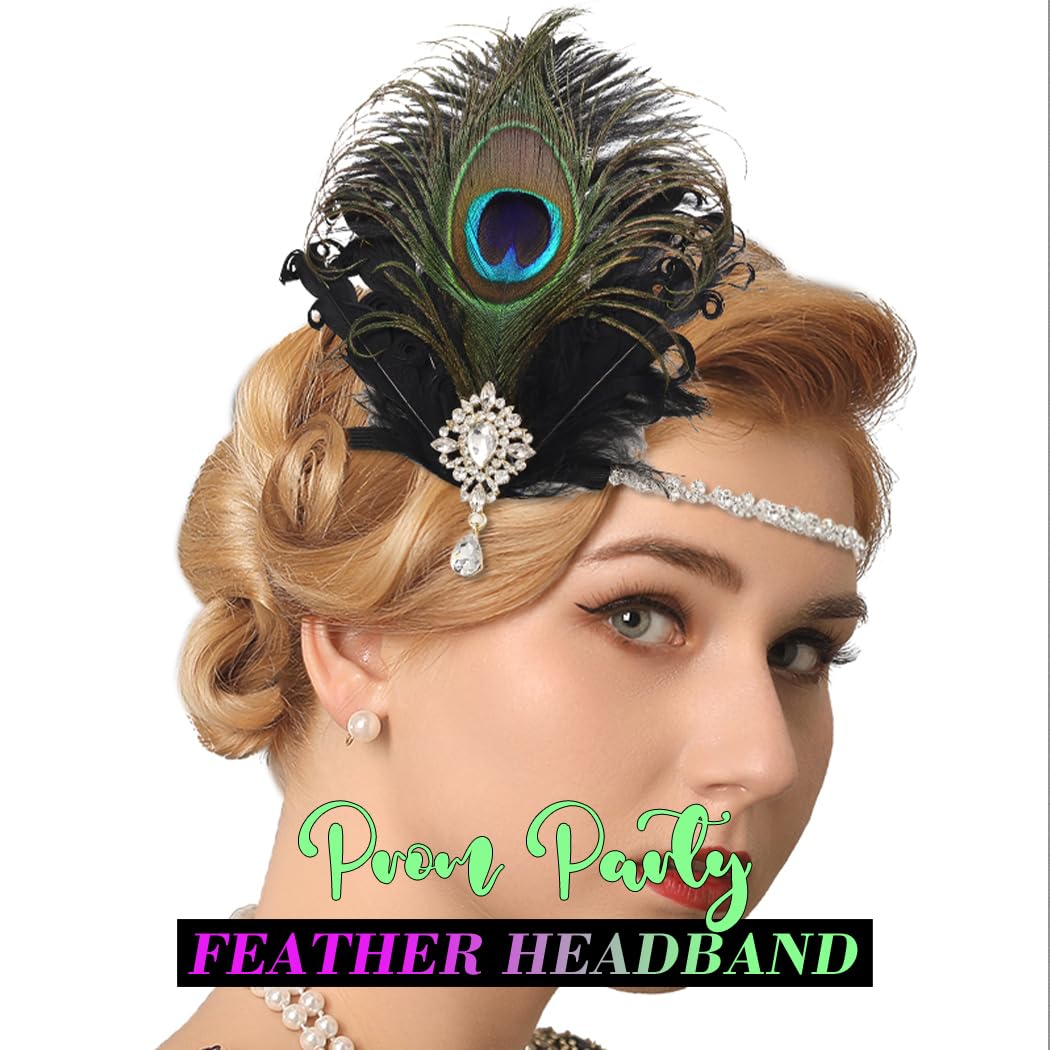Peacock Feather Headband for Women - Elegant Black Sequin Rhinestone Hair Accessory for Parties, Weddings & Special Occasions (Pattern 2) | Perfect for Costumes, Prom, and Evening Events