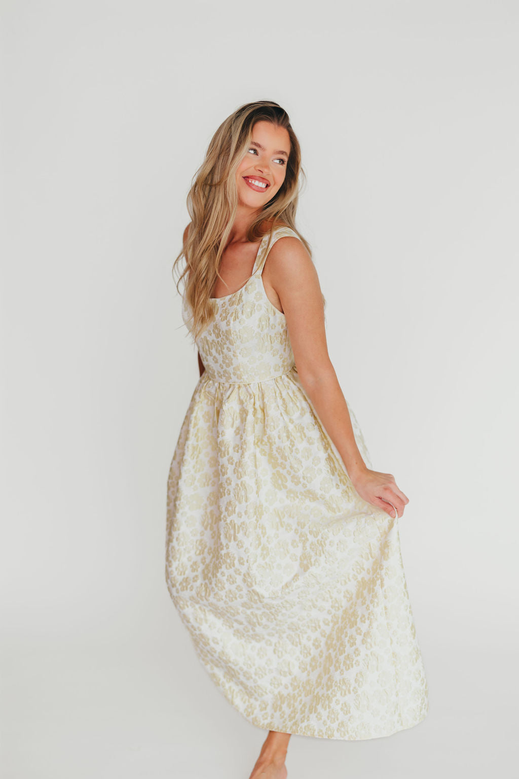 Hayden Floral Jacquard Midi Dress in Butter Yellow - Elegant Spring Summer Cocktail Party Dress for Women, Perfect for Weddings, Garden Parties & Date Nights