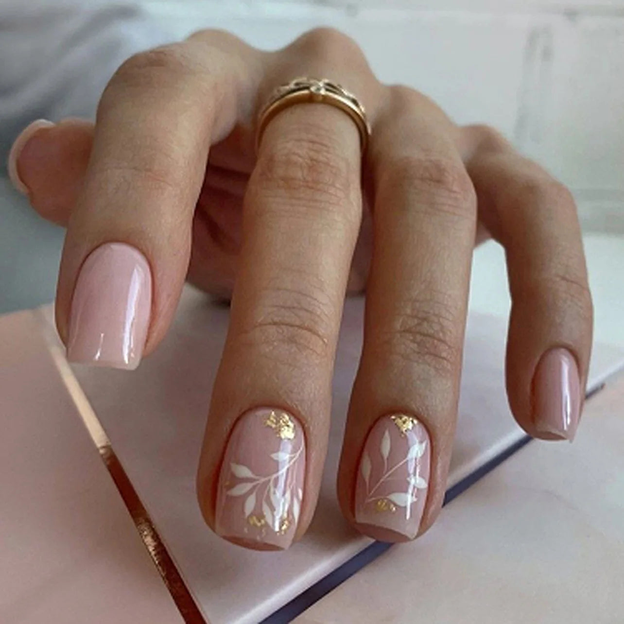 24Pcs Short Pink Press on Nails with Floral Gold Foil Design - Square French Ballet Fake Nails - Ready to Wear Artificial Nails for Parties, Weddings & Special Occasions