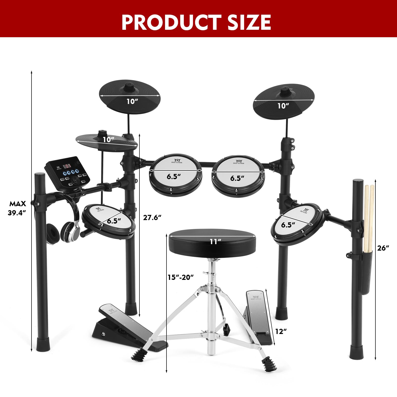 MUSTAR 10-Piece Electronic Drum Set with 450 Sounds, Mesh Drum Pads, 2 Choke Cymbals, Kick Drum, Pedals, Headphones & Sticks - USB MIDI Compatible for Home Practice, Studio Recording & Live Performances