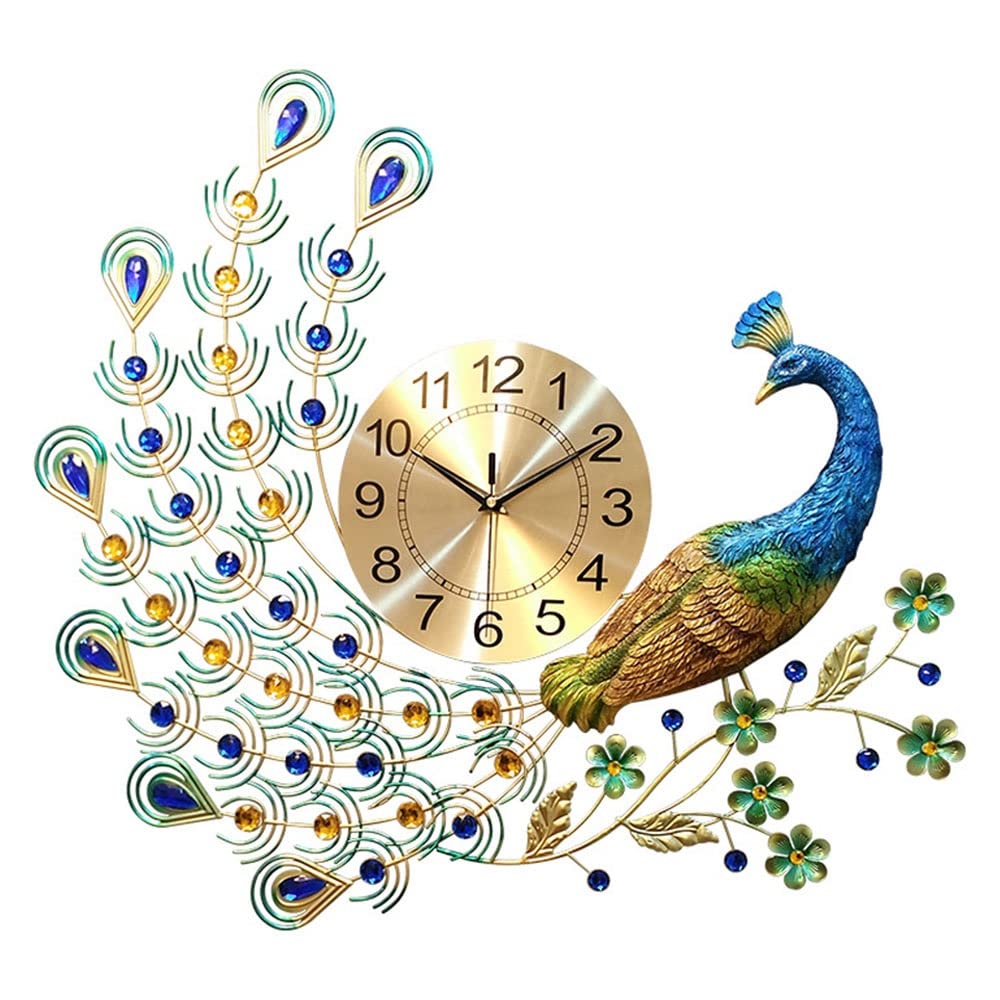GP-ypfSoft Large Peacock Wall Clock - Silent Non-Ticking Metal Wall Clock with Digital Display for Living Room, Bedroom & Office Decor | Elegant Home & Office Wall Art for Modern Interiors