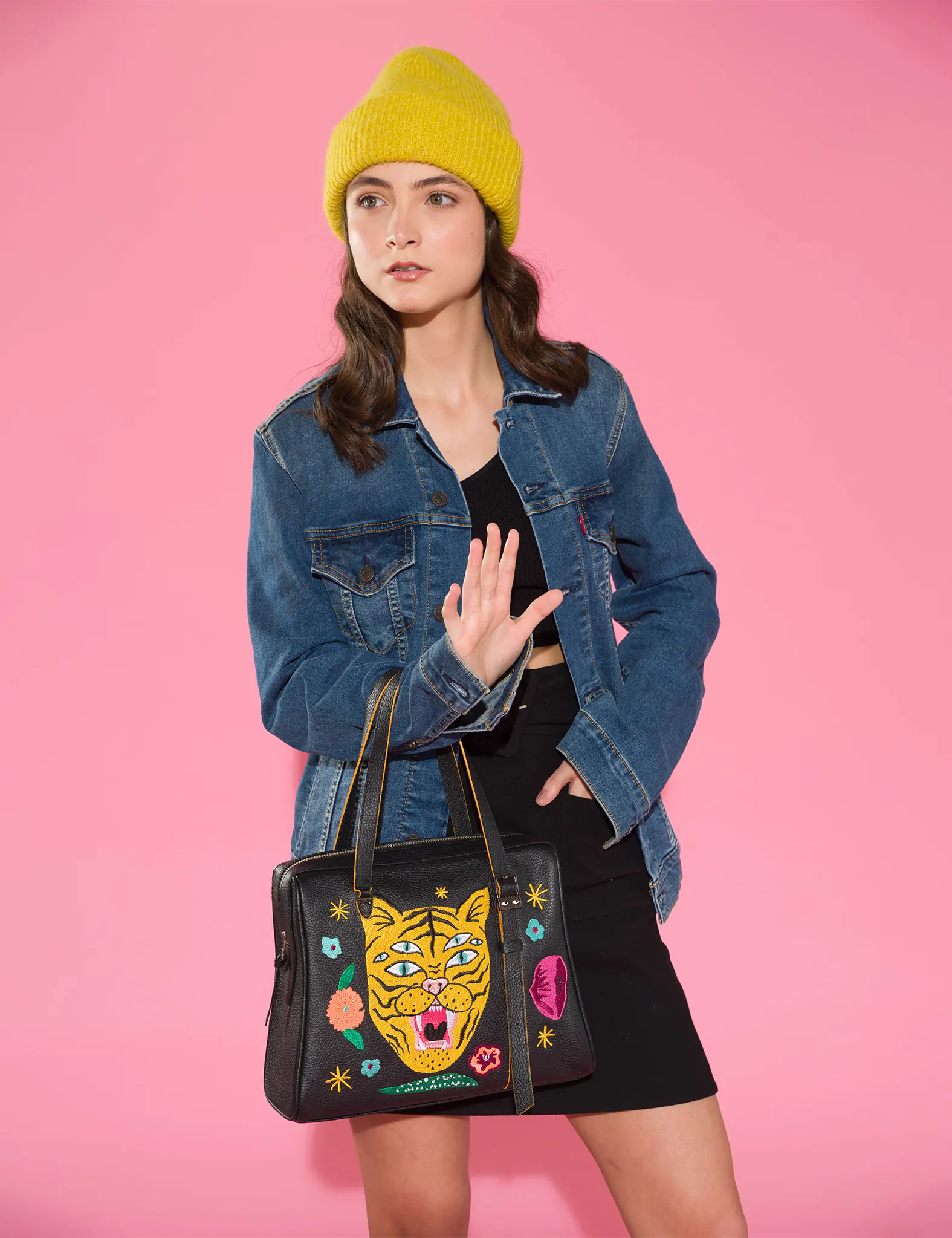 Elegant Esther Black Satchel Bag with Tiger and Flowers Embroidery - Perfect for Women's Fashion, Work, Travel & Everyday Use