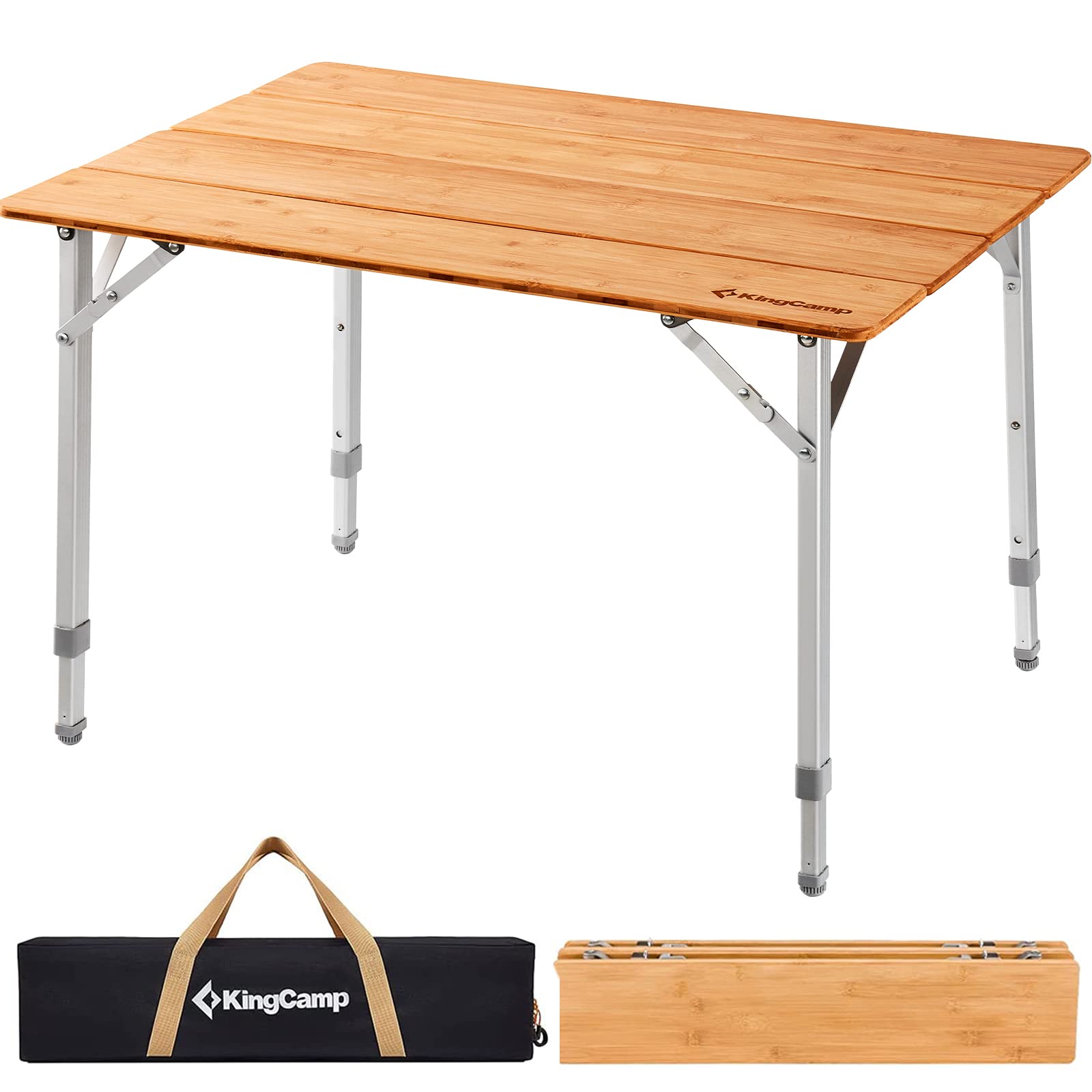 KingCamp 4-Fold Lightweight Bamboo Camping Table with Adjustable Aluminum Legs - Portable Folding Picnic Table for Outdoor, Beach, RV, Camping & Indoor Use - Includes Carry Bag for Easy Transport