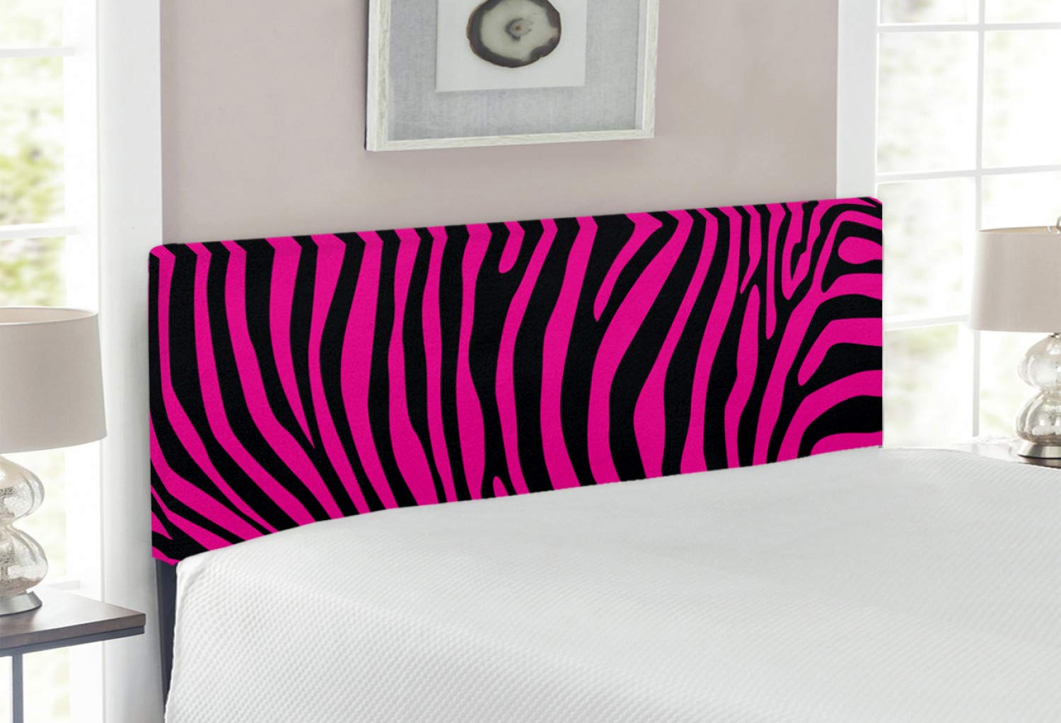 Ambesonne Pink Zebra Headboard - Full Size Upholstered Metal Bed Headboard with Memory Foam, Animal Print Boho Chic Design in Hot Pink & Black | Perfect for Jungle Theme, Bohemian & Modern Bedroom Decor