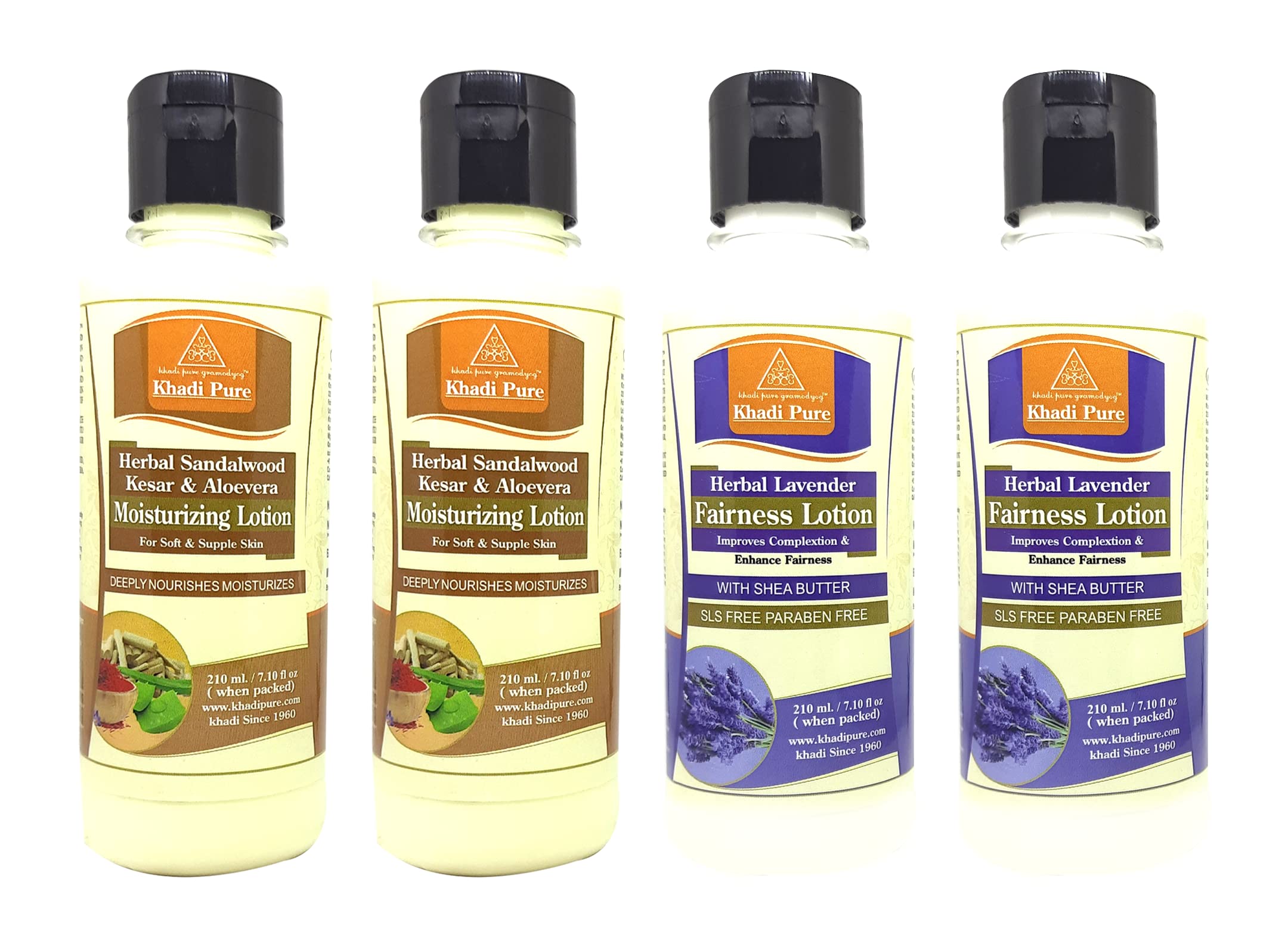 Khadi Pure Sandalwood, Kesar, Aloe Vera & Lavender SLS-Free Moisturizing Lotion - 210ml (Pack of 4) | Ayurvedic Body Lotion for Dry Skin, Hydration & Relaxation | Perfect for Daily Skincare Routine & Spa Day