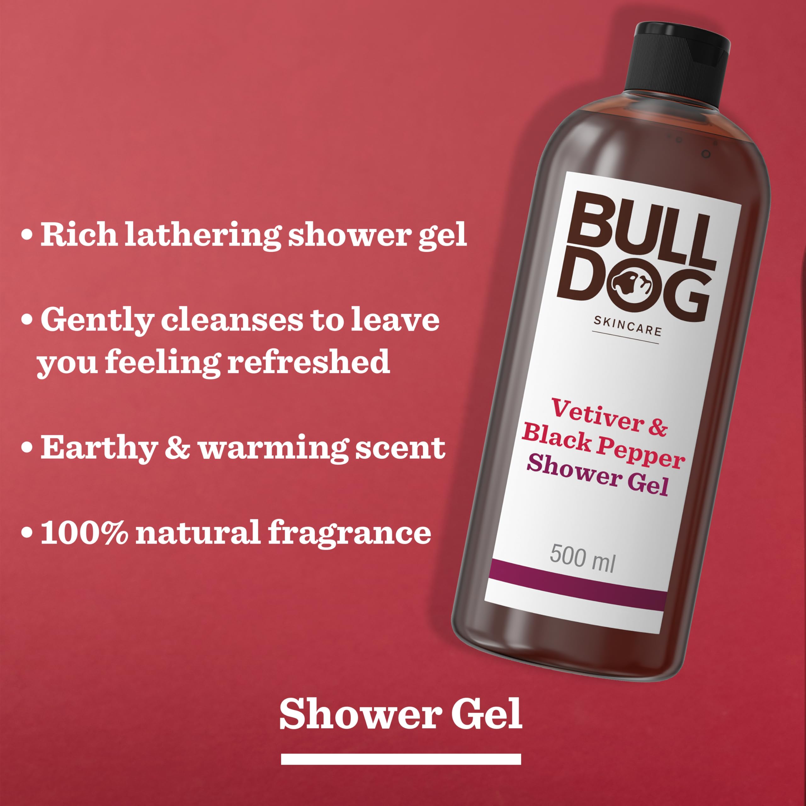 Bulldog Skincare Vetiver & Black Pepper Shower Gel for Men - Natural & Refreshing Body Wash, 500ml | Hydrating & Invigorating for Daily Shower Routine