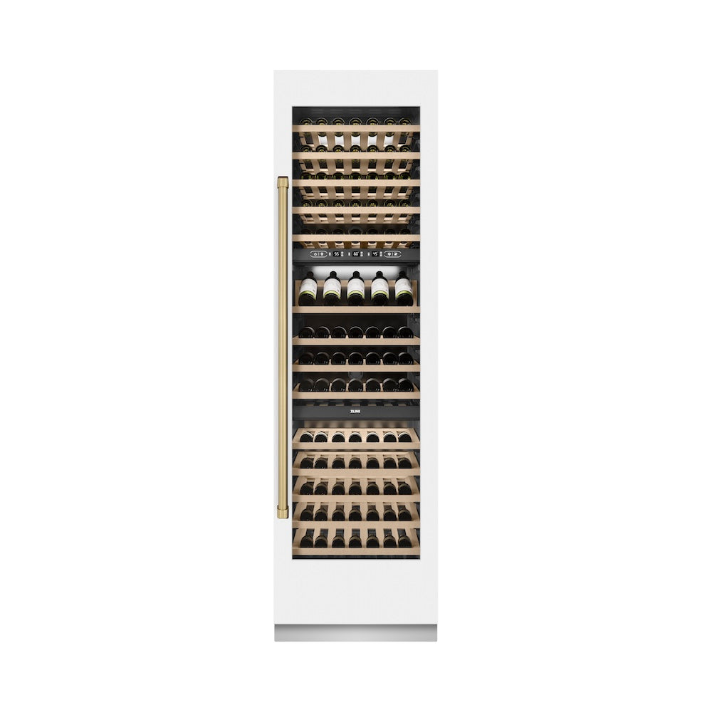 ZLINE Autograph Edition 24-Inch 12.4 cu ft Triple Zone 100 Bottle Wine Cooler Refrigerator - White Matte with Champagne Bronze Accents (RCWVZ WM 24 CB) - Perfect for Home Bars, Wine Cellars, and Entertaining Spaces