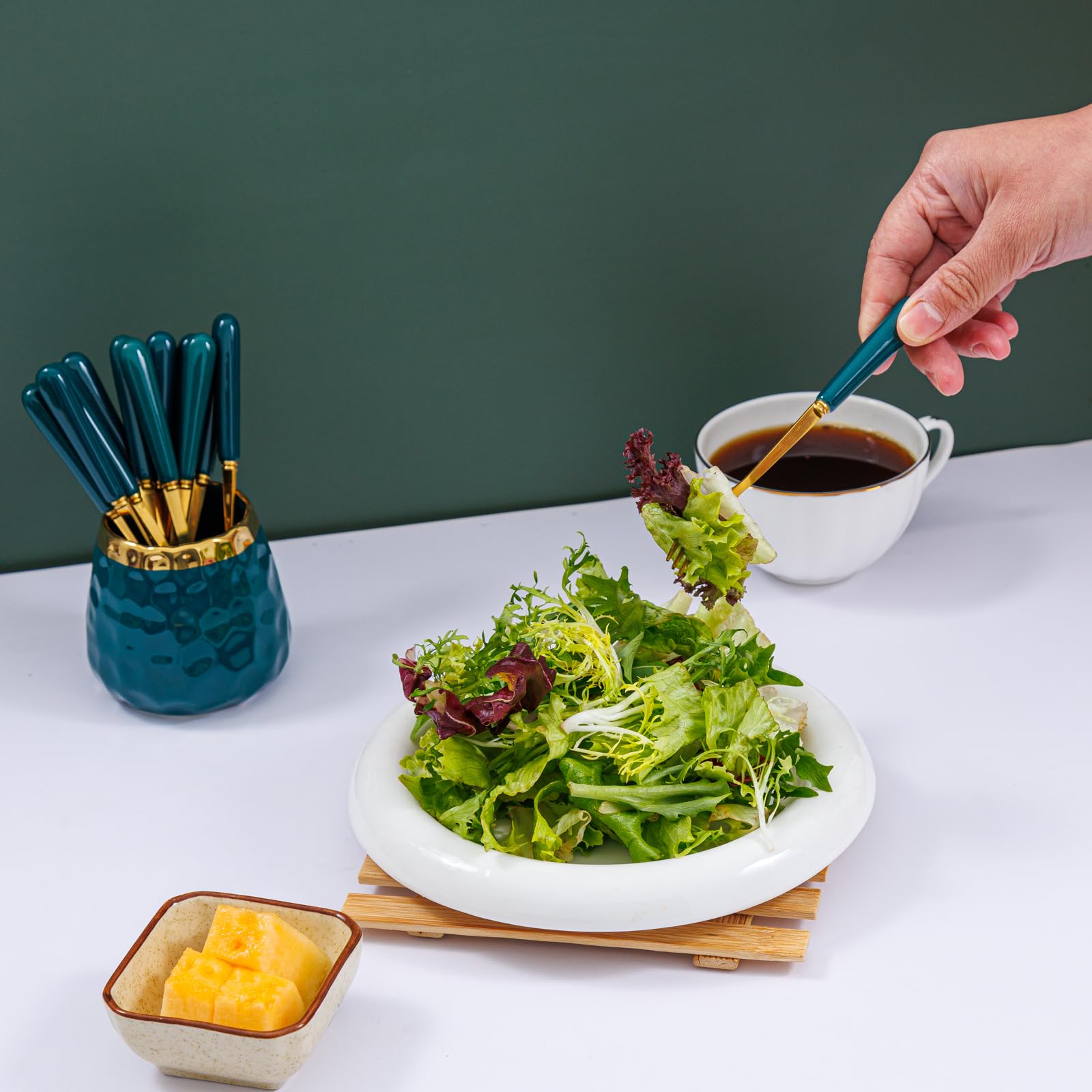 Premium Dessert Fork Set - 8-Piece Small Forks for Fruit, Salad, Appetizer & Cake with Elegant Emerald Green Ceramic Jar | Perfect for Dinner Parties, Tea Time & Special Occasions