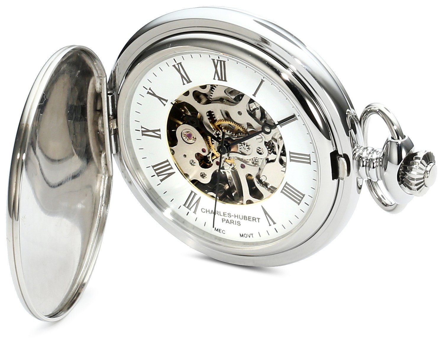 Charles-Hubert Paris 3918 Premium Collection Stainless Steel Mechanical Pocket Watch for Men - Vintage Style Dress Watch for Formal Events & Gifts